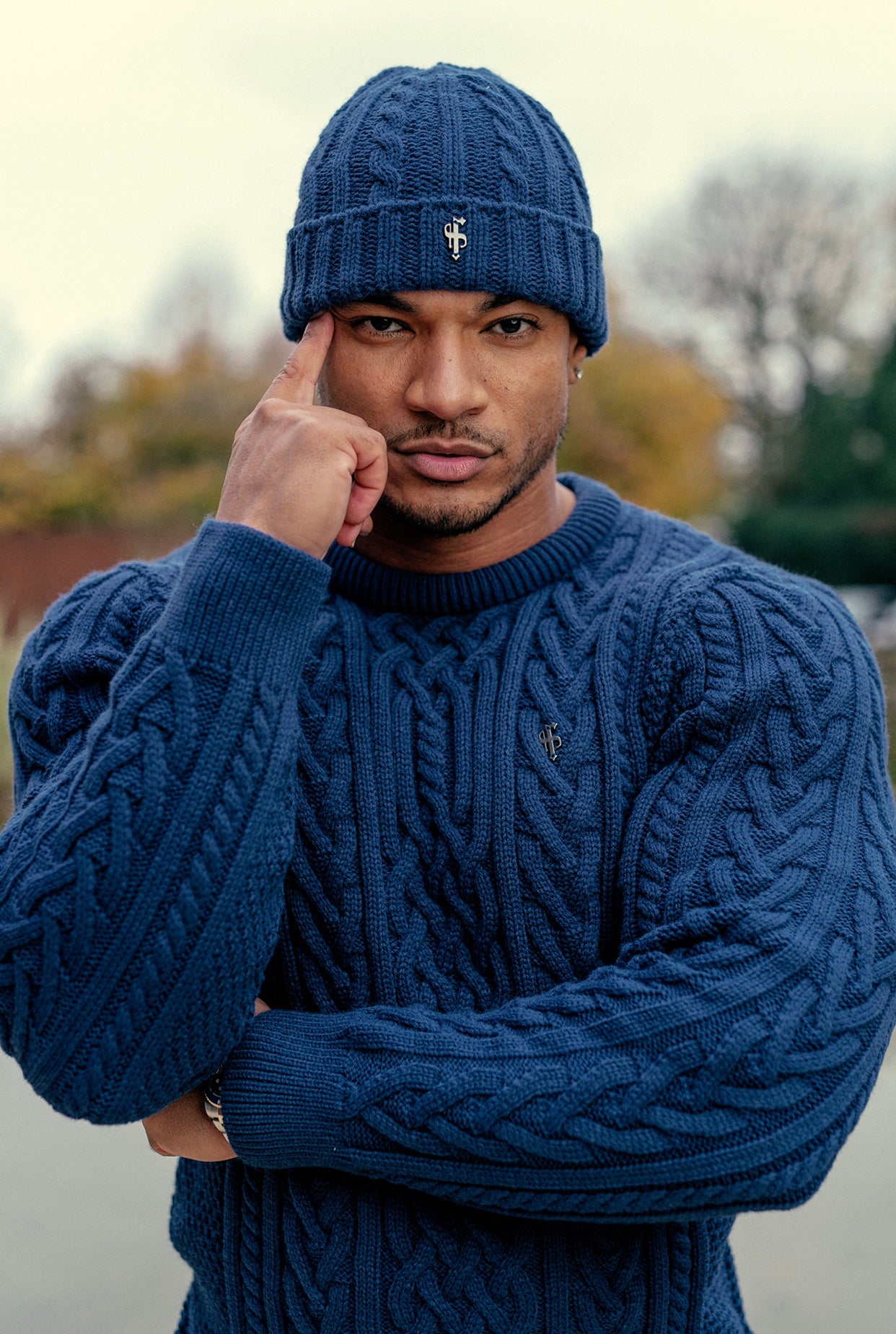 Father Sons Royal Blue Twisted Braid Weave Super Slim Sweater With Gunmetal Decal - FSJ042