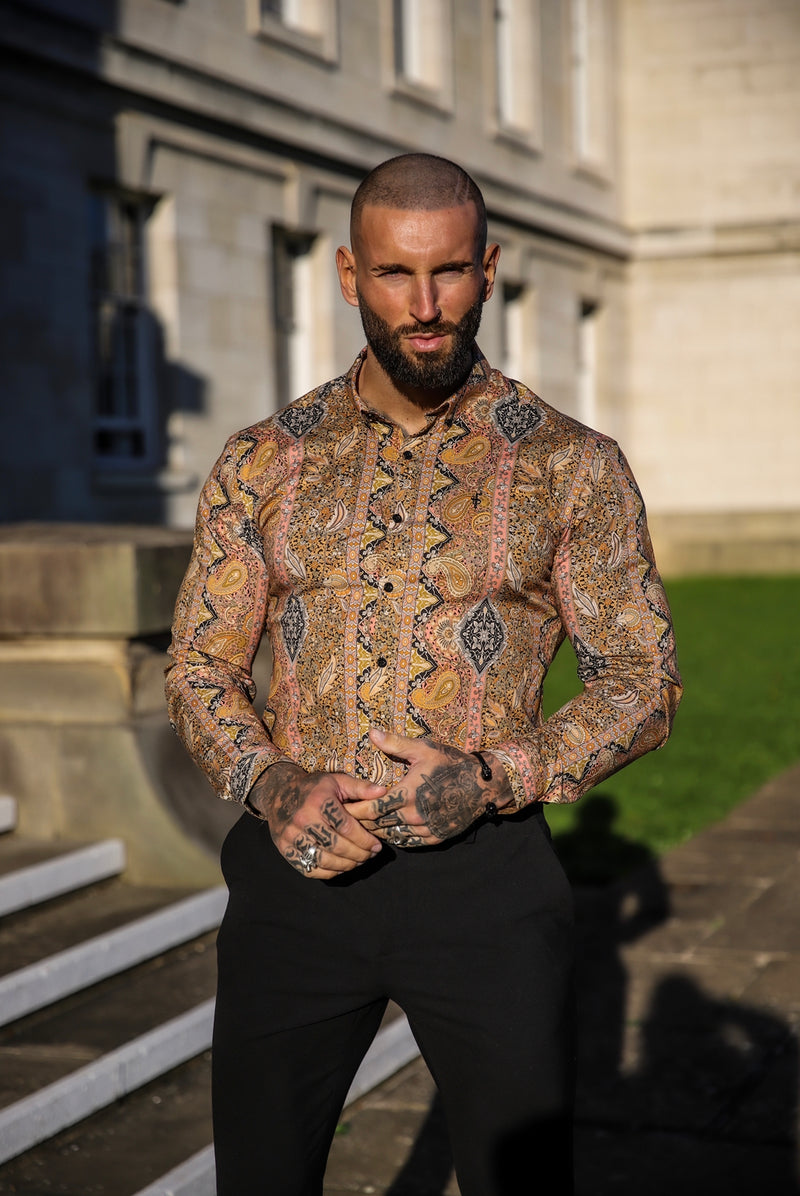 Father Sons Super Slim Stretch Tan Paisley Print Long Sleeve with Button Down Collar - FS892