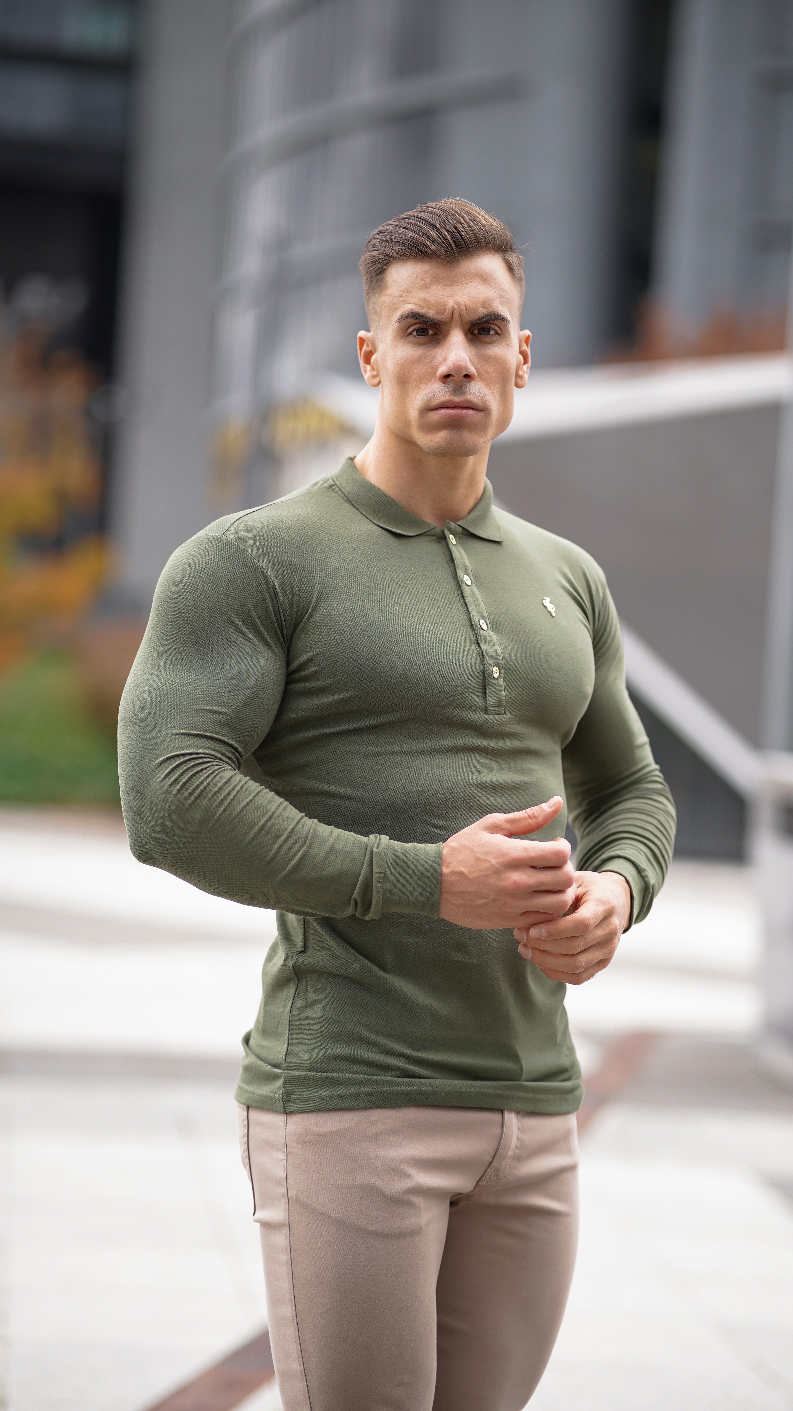 Classic Khaki Long Sleeve Polo Shirt with Gold Metal Emblem Decal & Buttons - FSH513