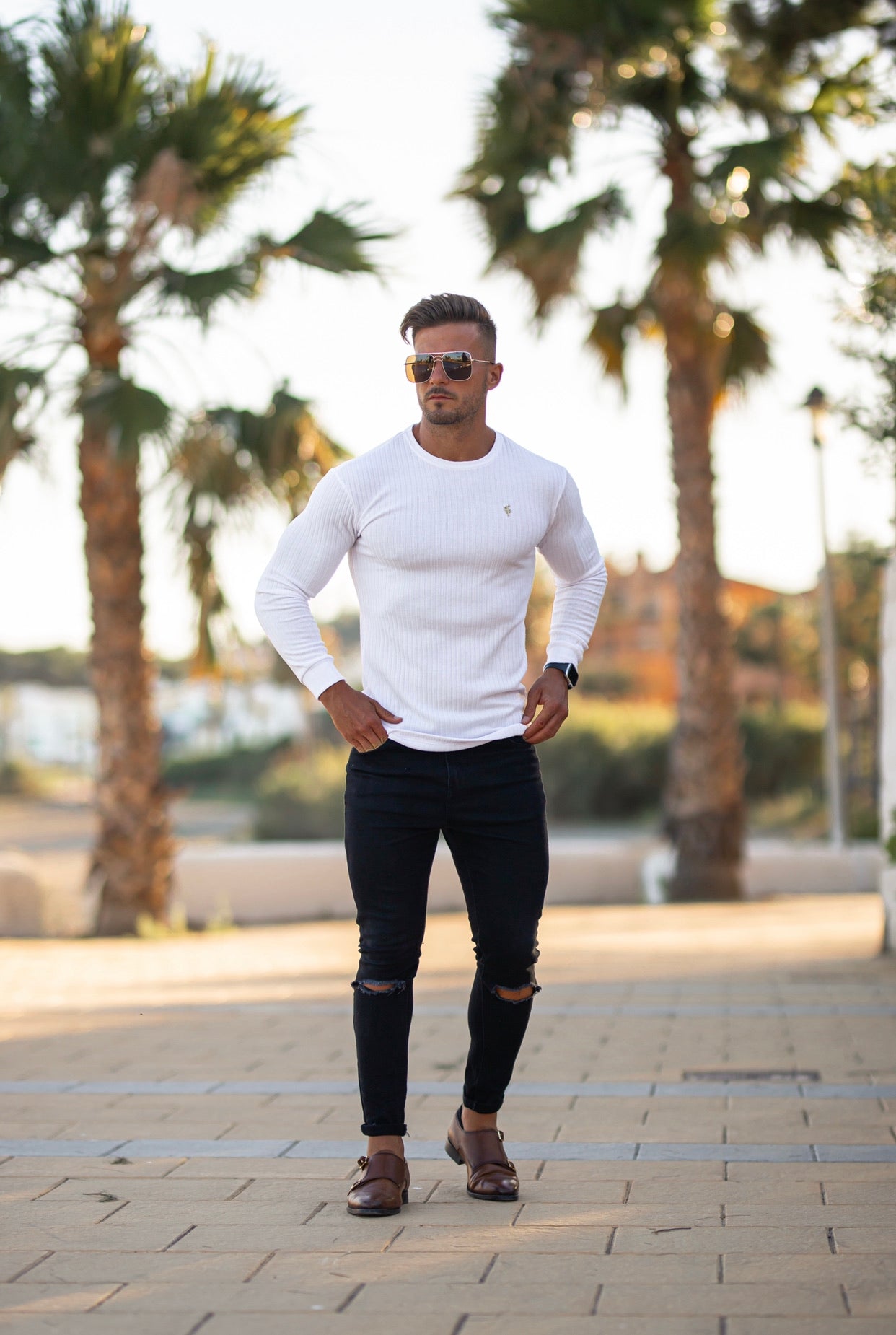 Super Slim White / Gold Ribbed Knit Super Slim Crew - FSH499