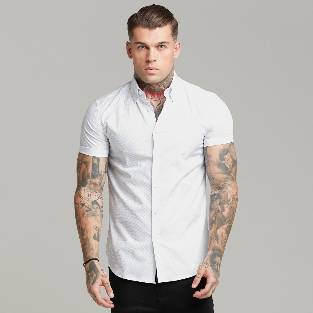 Classic White and Navy Print Short Sleeve Button Down - FS605 (LAST CHANCE)