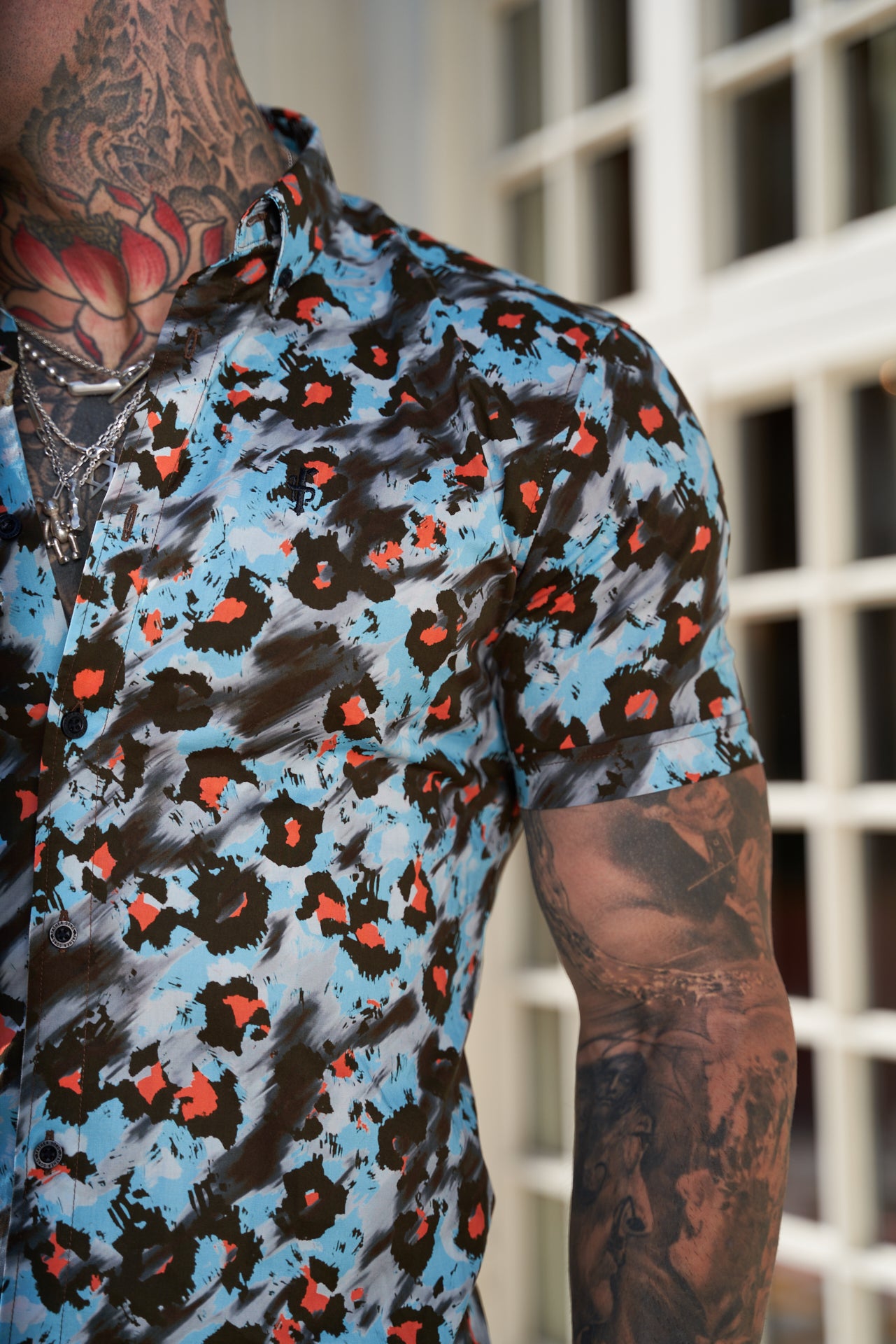 Super Slim Stretch Multi Colour Abstract Leopard Print Short Sleeve with Button Down Collar - FS790