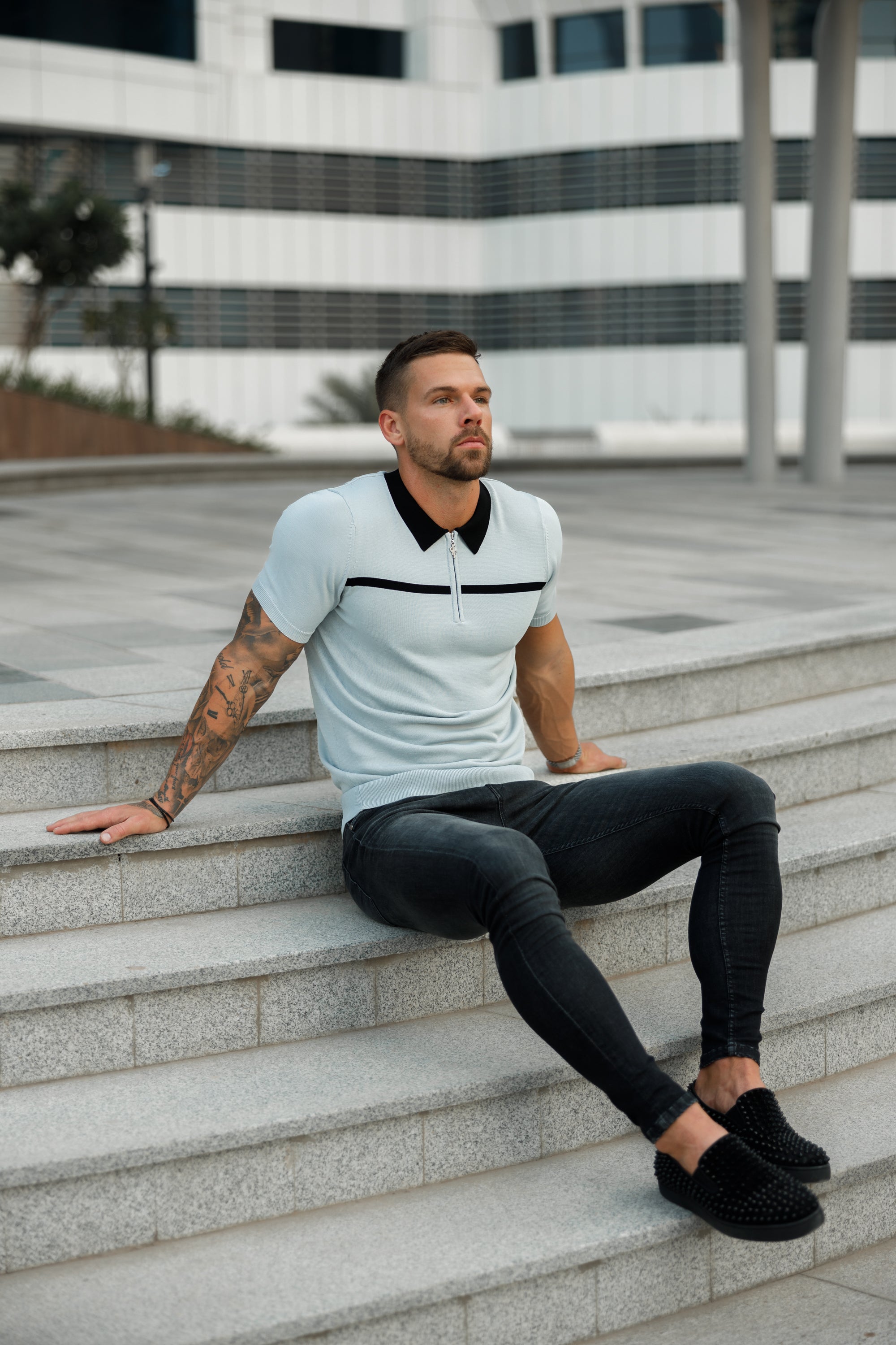 Classic Silver Grey / Black Horizontal Stripe Zipped Polo Short Sleeve - FSN040