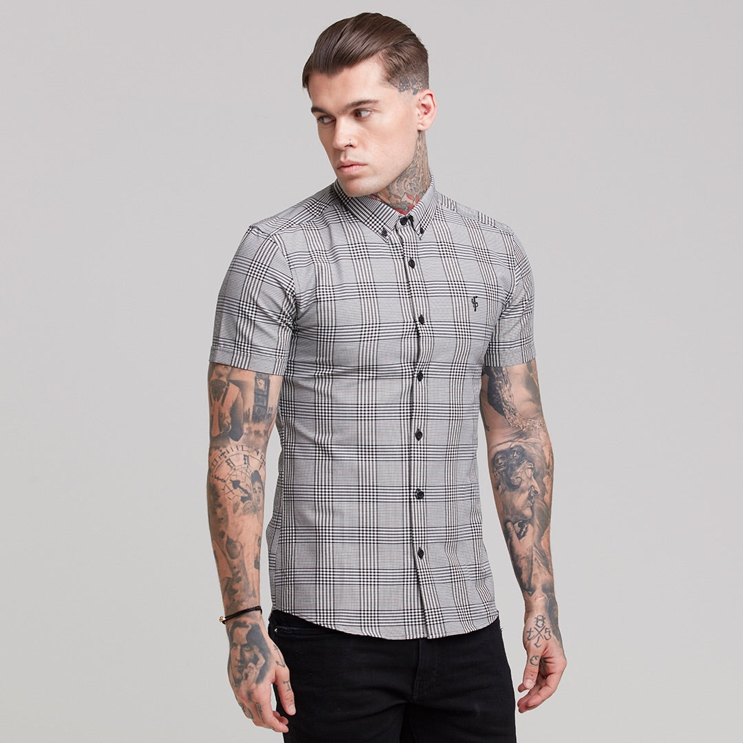 Super Slim Stretch Prince Of Wales White and Black Check Short Sleeve - FS460