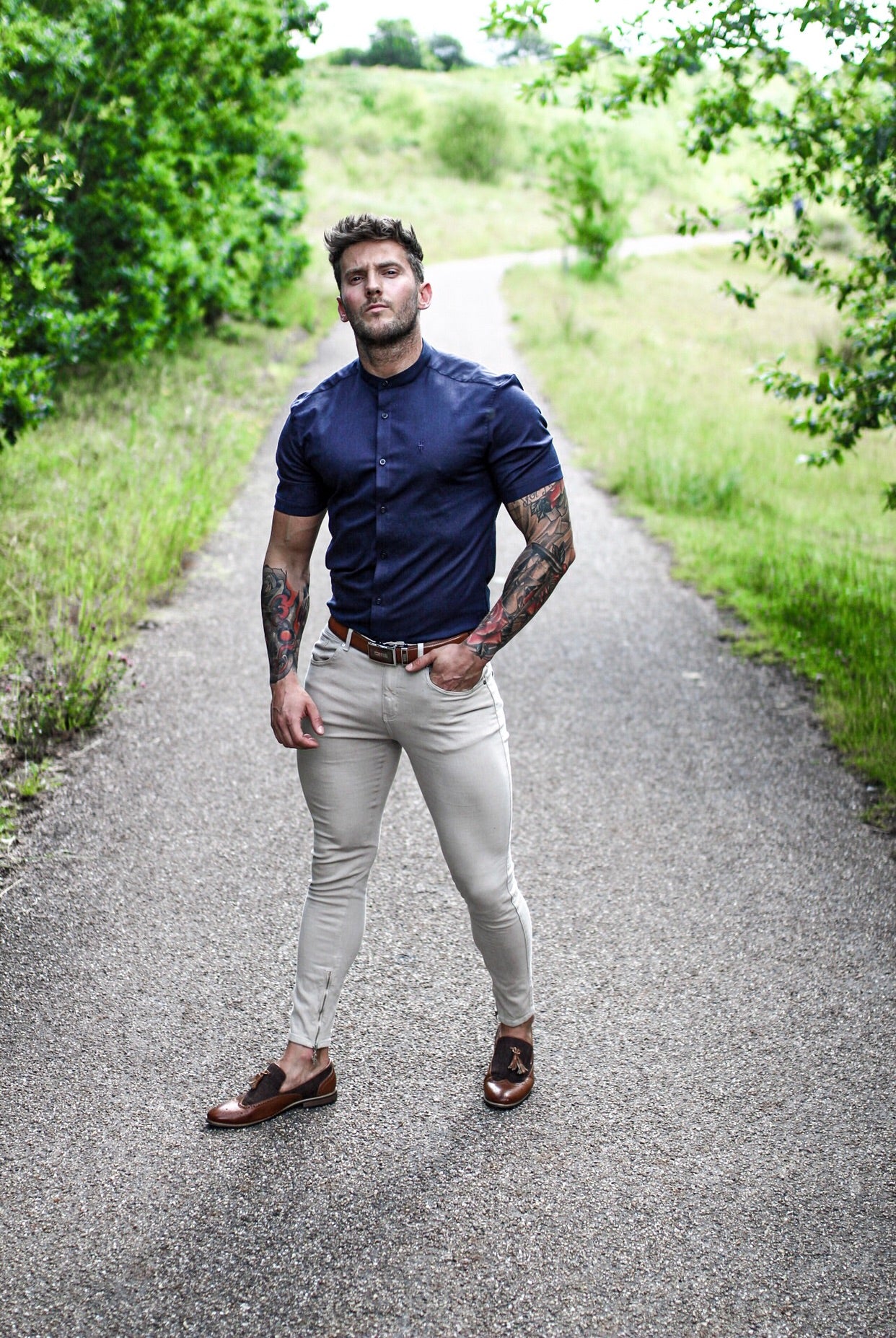 Super Slim Stretch Grandad Collar Short Sleeve Classic Navy Oxford - FS584