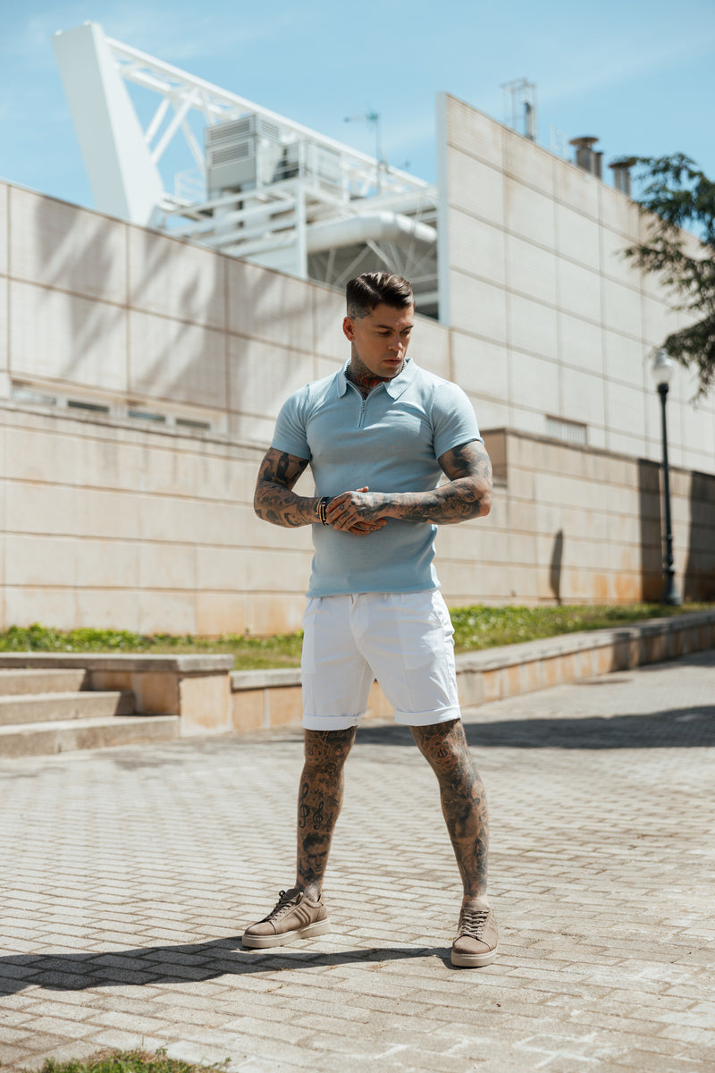 Father Sons Classic Powder Blue Merino Wool Knitted Zip Polo Short Sleeve Sweater With FS Embroidery- FSN031