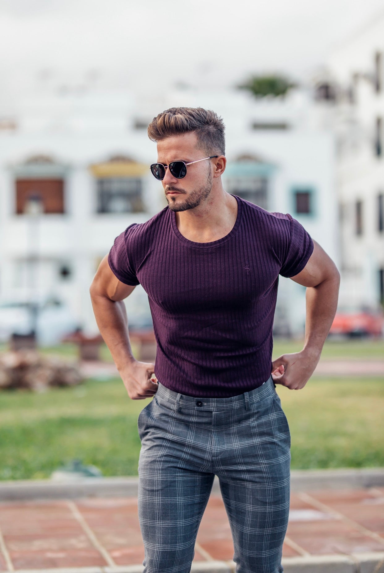 Classic Plum Ribbed Knit Super Slim Short Sleeve Crew - FSH616
