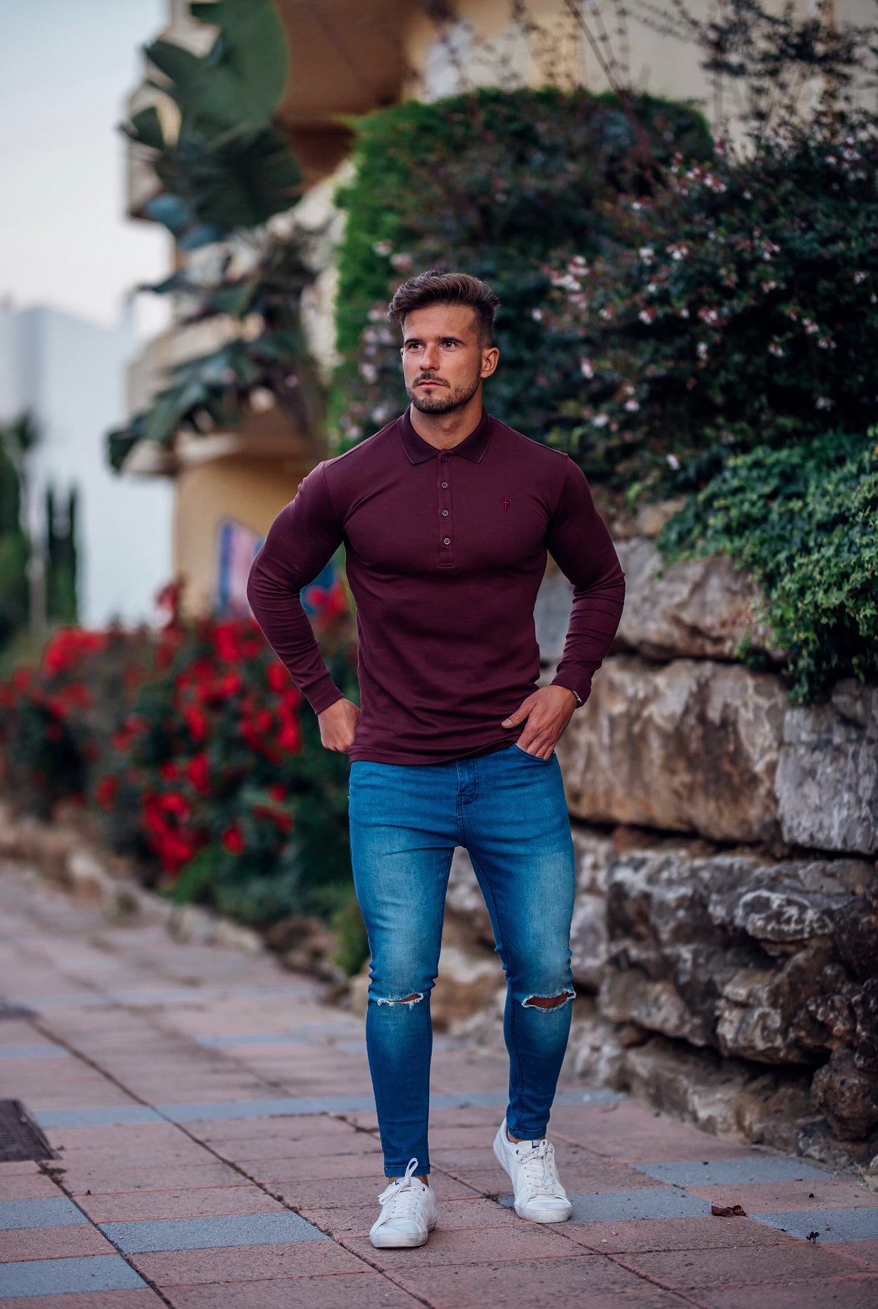 Classic Burgundy Pima Polo Shirt with Contrast Collar Long Sleeve  - FSH431 (LAST CHANCE)
