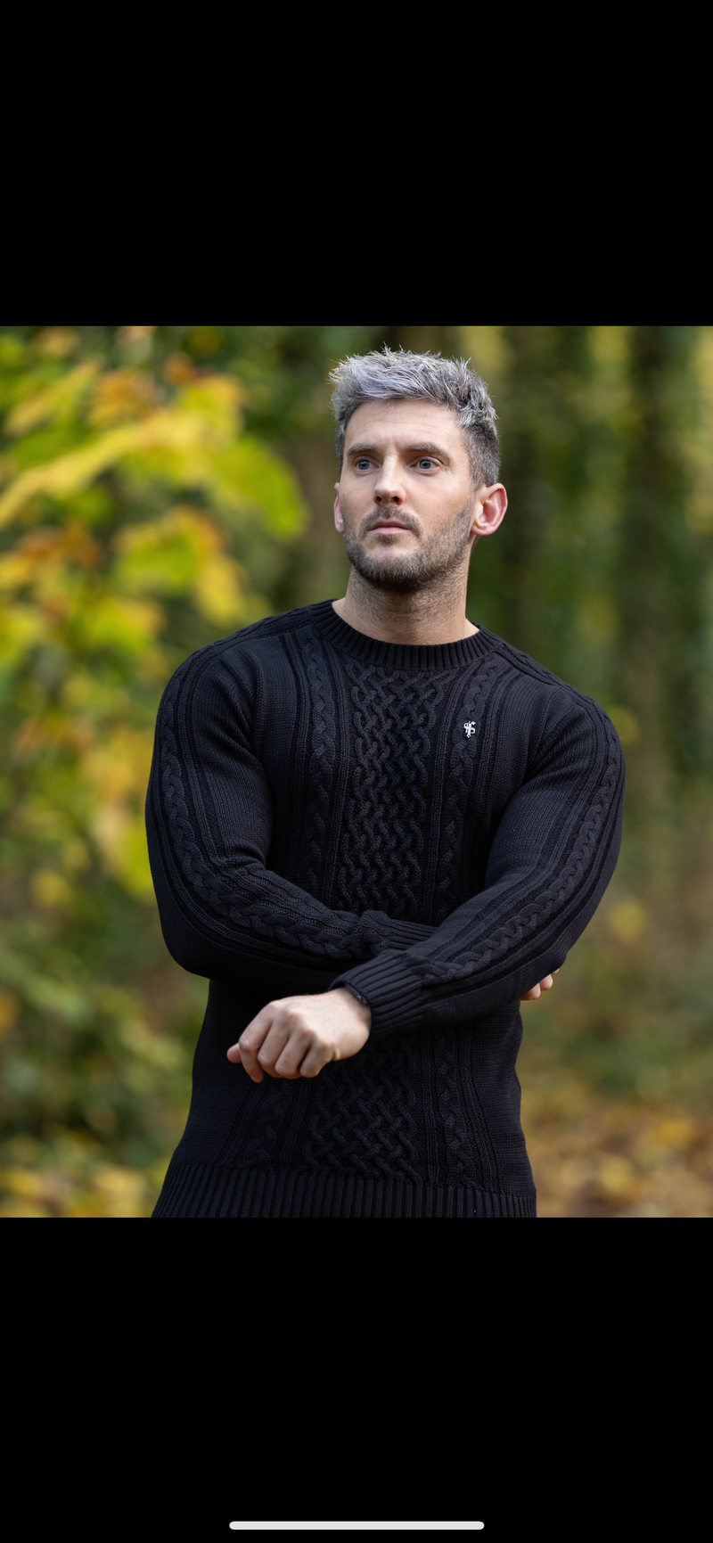 Father Sons Black Knitted Cable Saddle Crew Super Slim Sweater With Metal Decal - FSN073