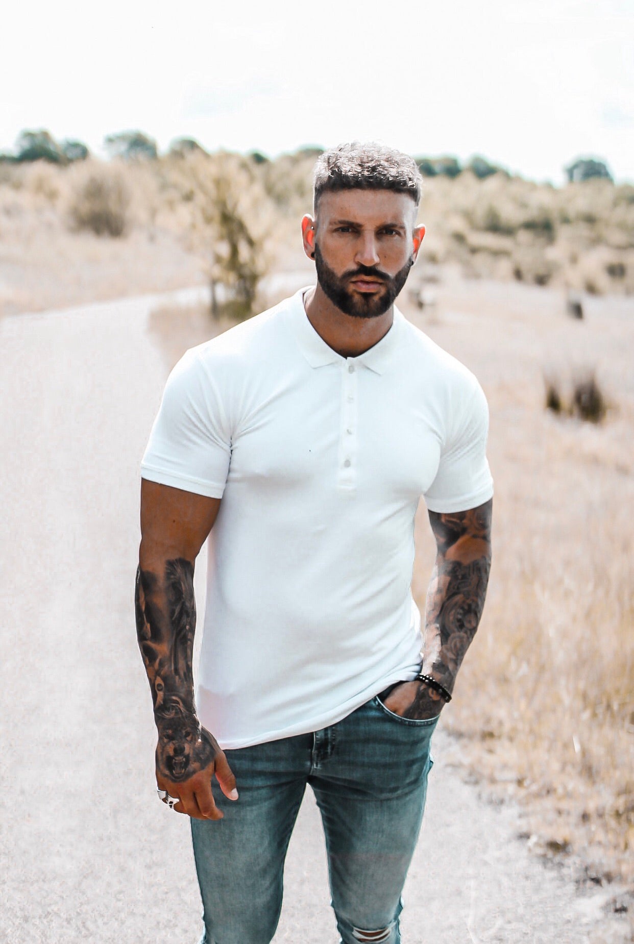 Classic White Polo Shirt with white embroidery - FSH387