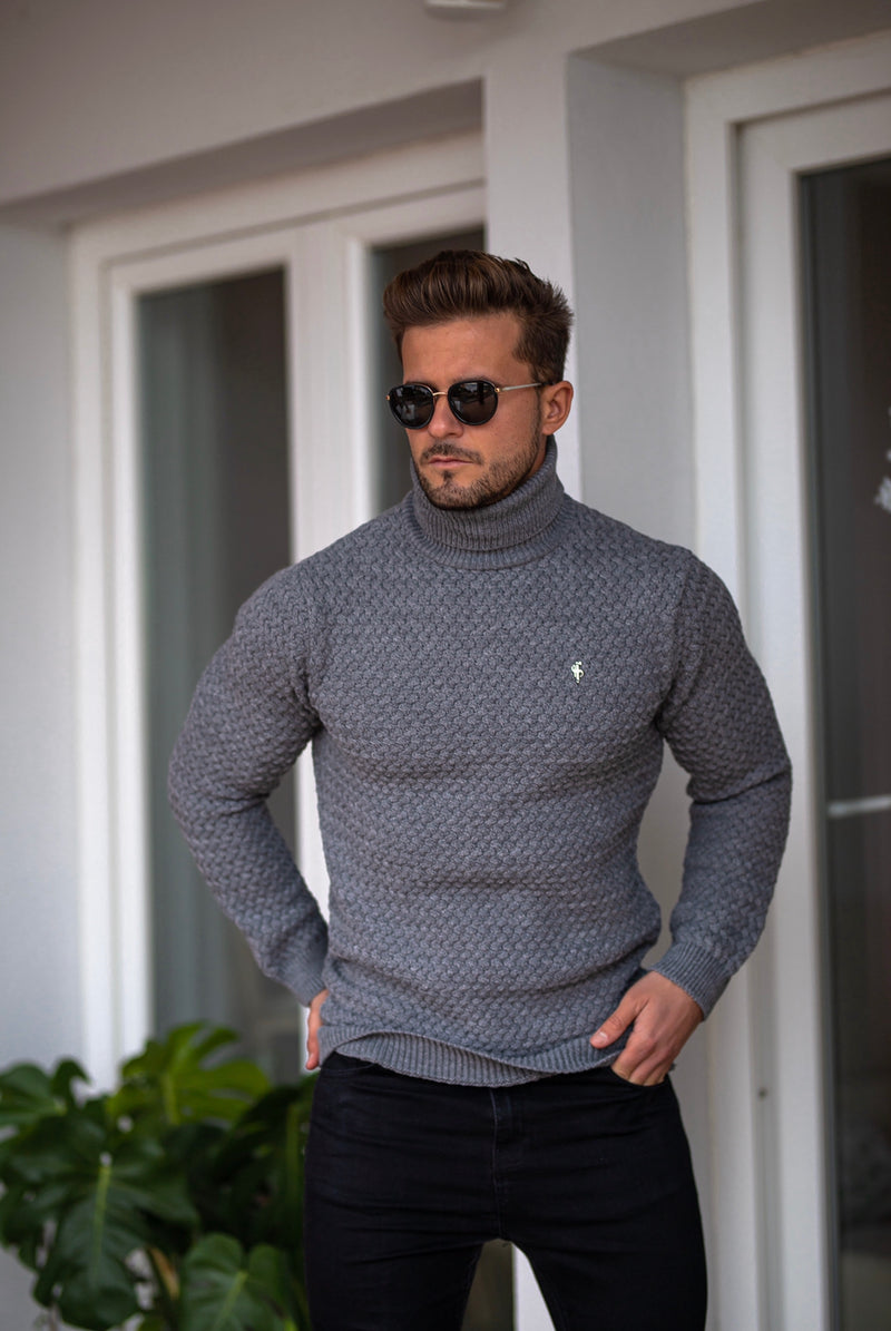 Father Sons Charcoal Knitted Roll Neck Weave Super Slim Sweater With Metal Decal - FSJ027