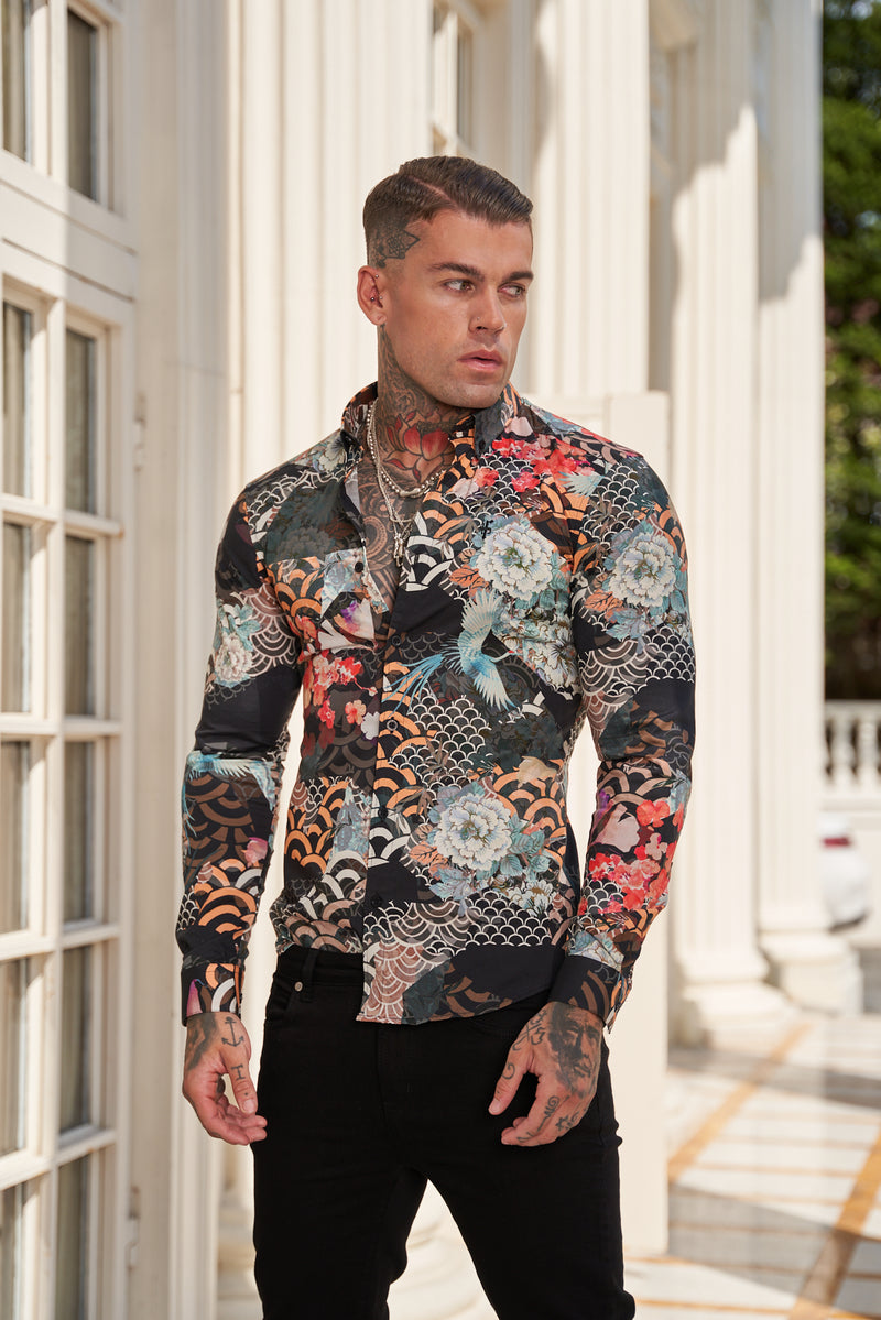 Father Sons Super Slim Stretch Multi Oriental Print Long Sleeve with Button Down Collar - FS771