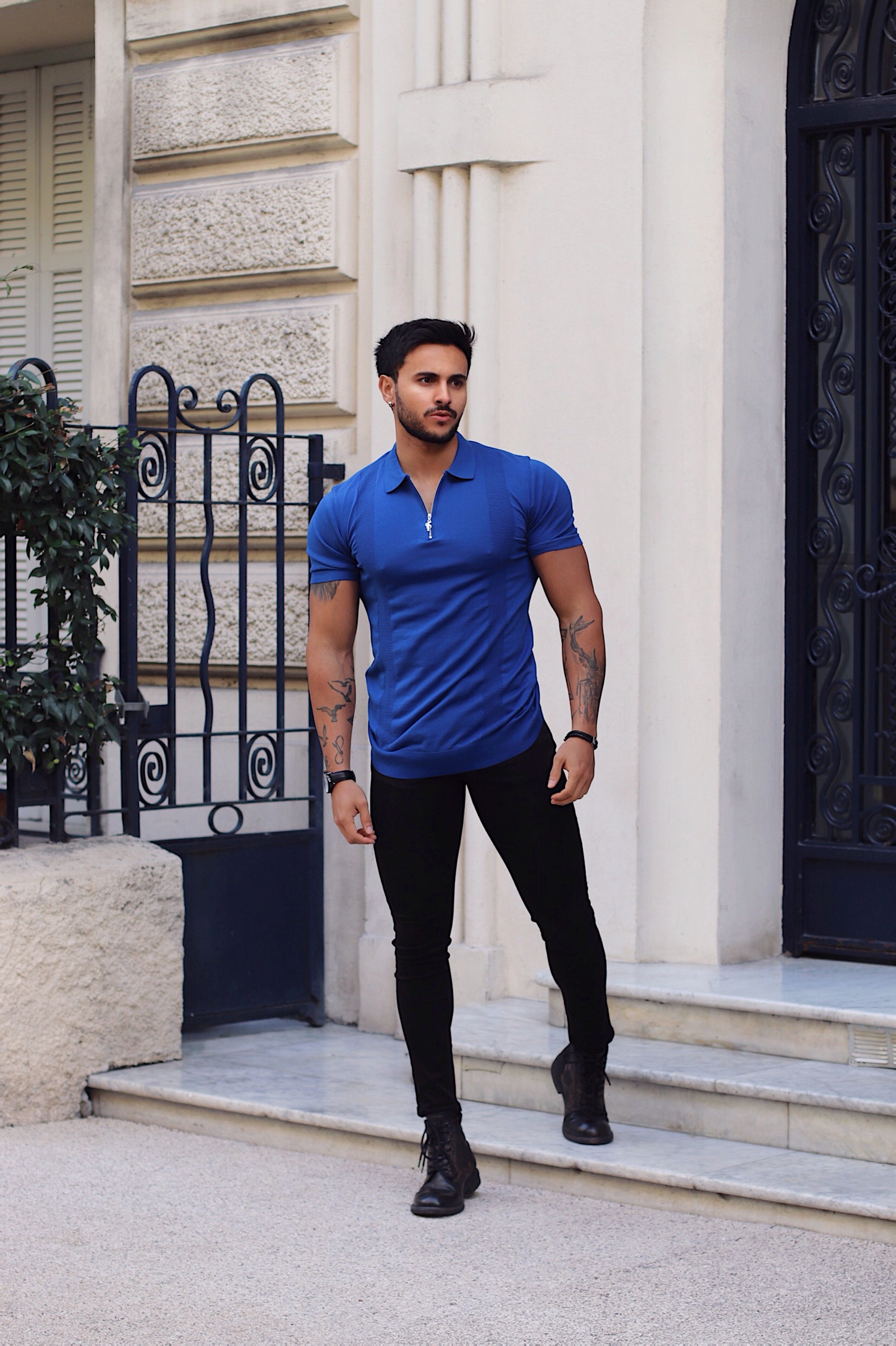 Classic Royal Blue and Silver Zip Knitted Short Sleeve Polo - FSH468