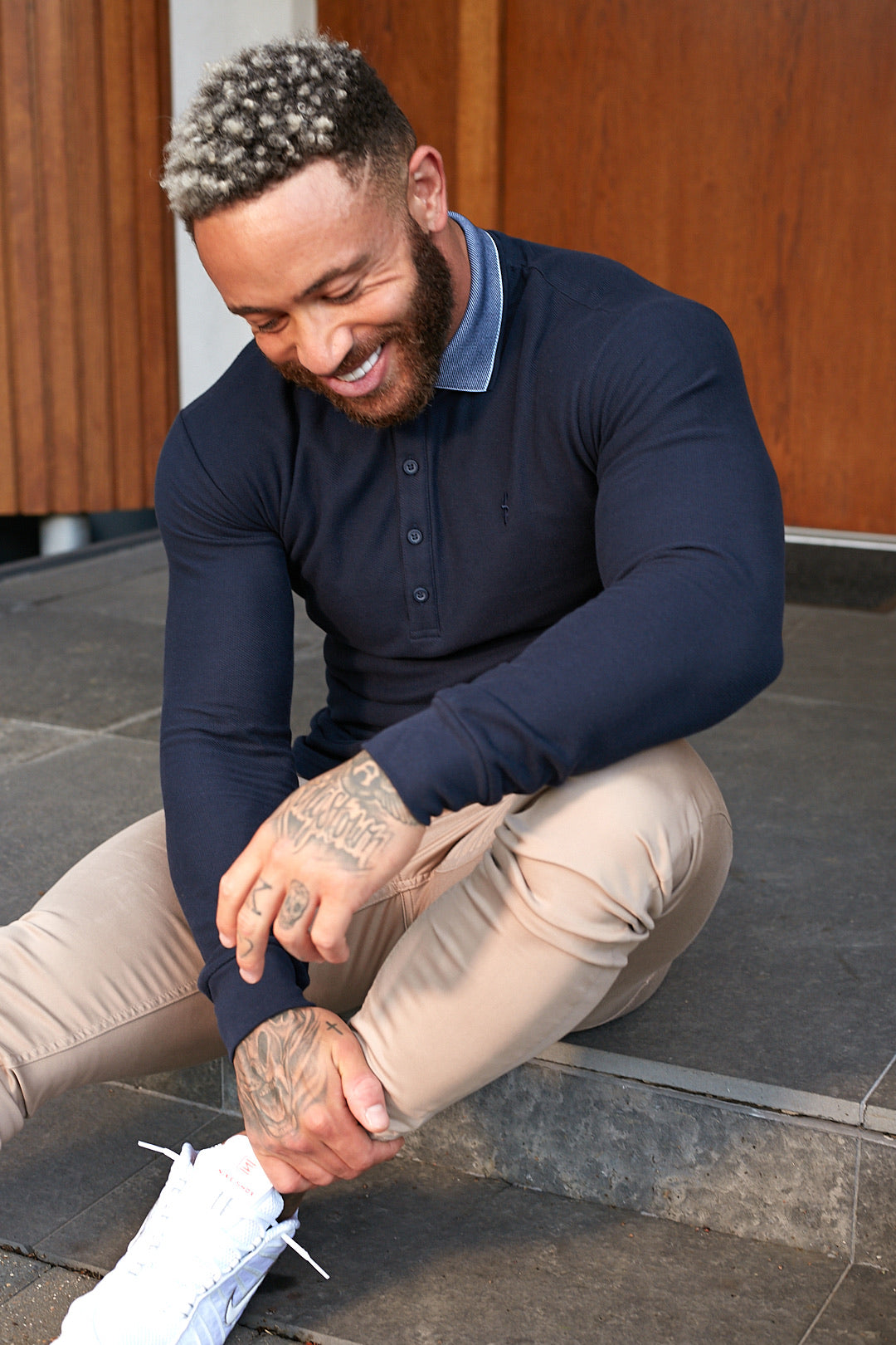Classic Navy Honeycomb Textured Polo Shirt with Contrast Collar Long Sleeve  - FSH425