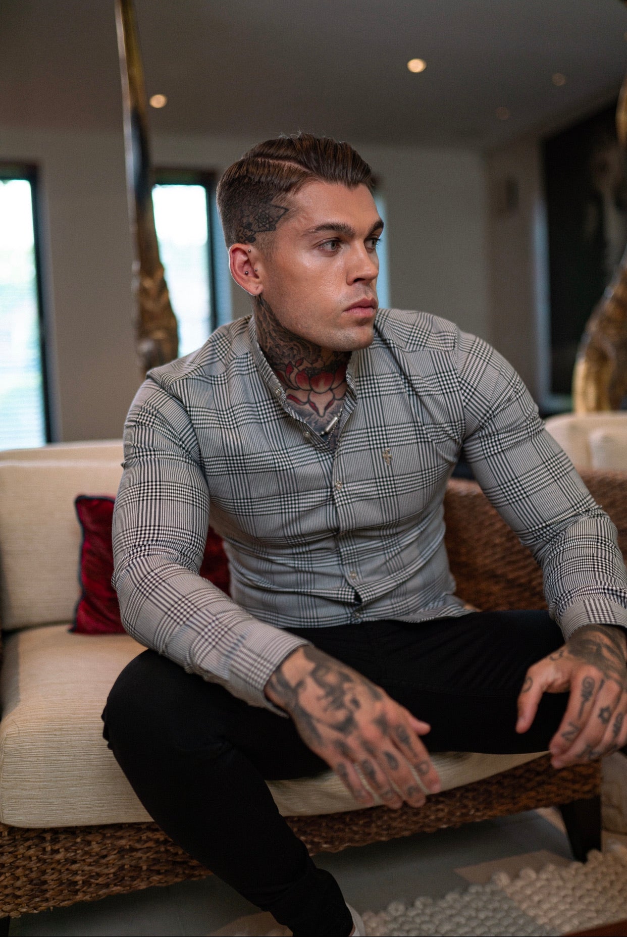 Super Slim Stretch Prince Of Wales White and Black Check Long Sleeve Grandad Collar with Metal Buttons and Emblem- FS733