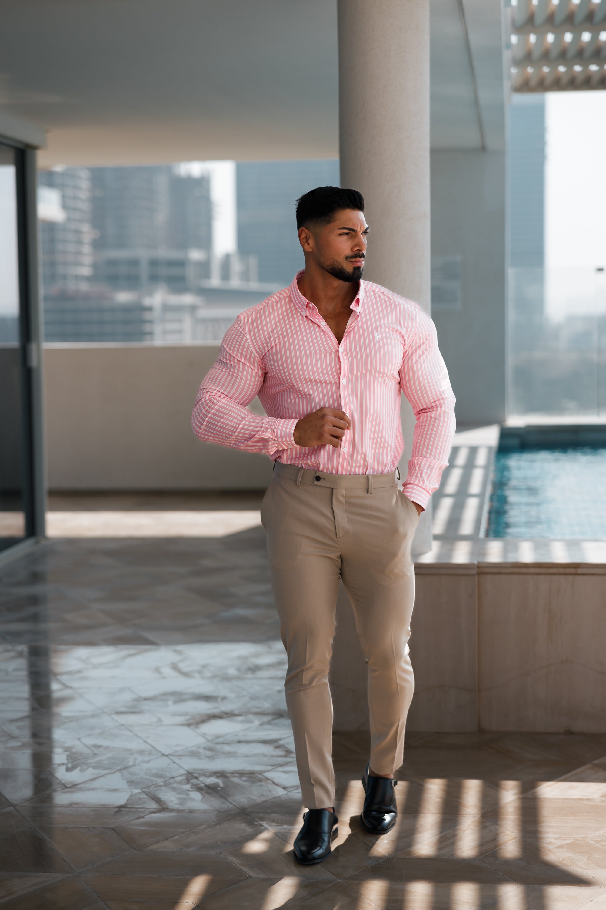 Super Slim Stretch White / Pink Stripe Print Long Sleeve with Button Down Collar - FS888