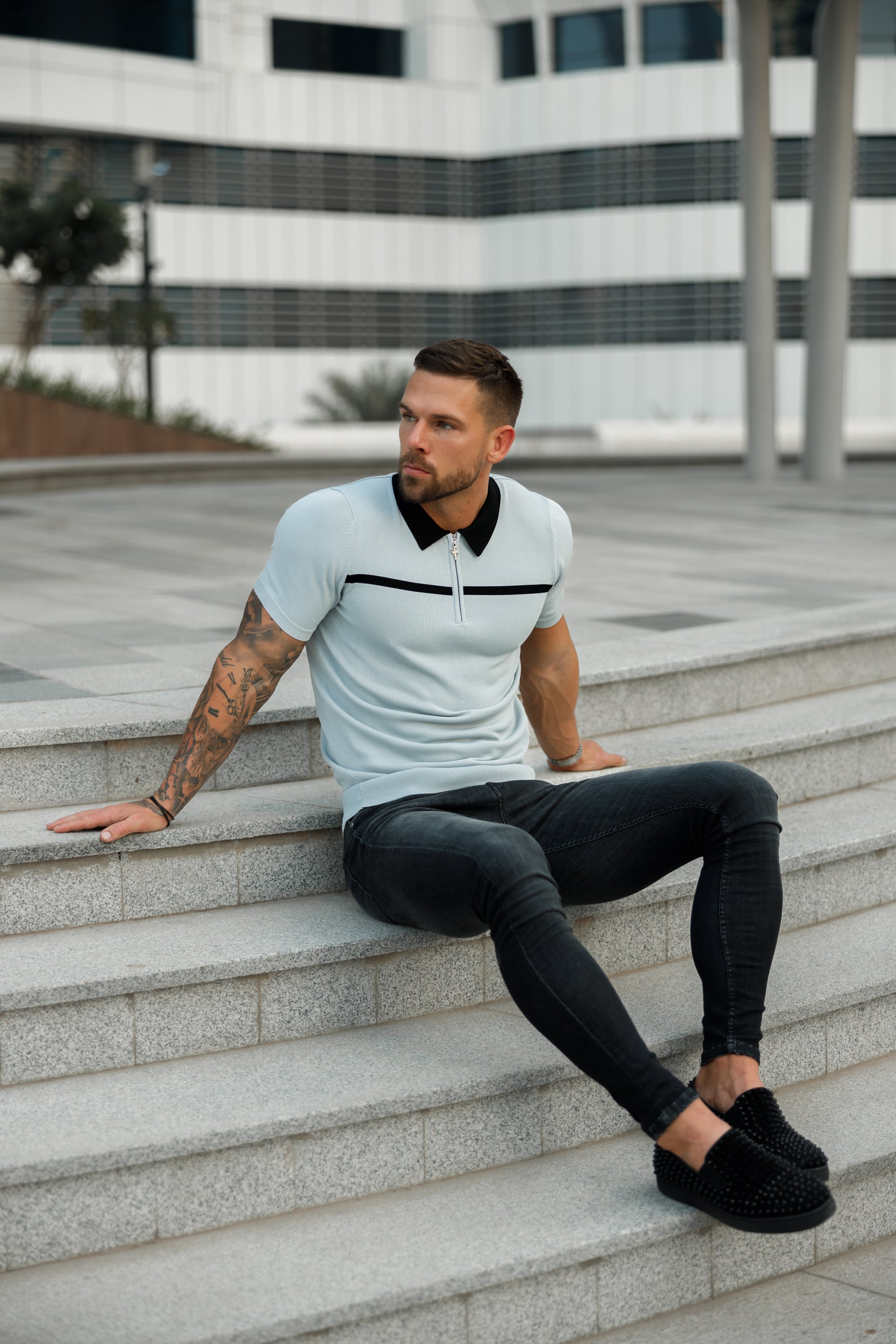 Classic Silver Grey / Black Horizontal Stripe Zipped Polo Short Sleeve - FSN040