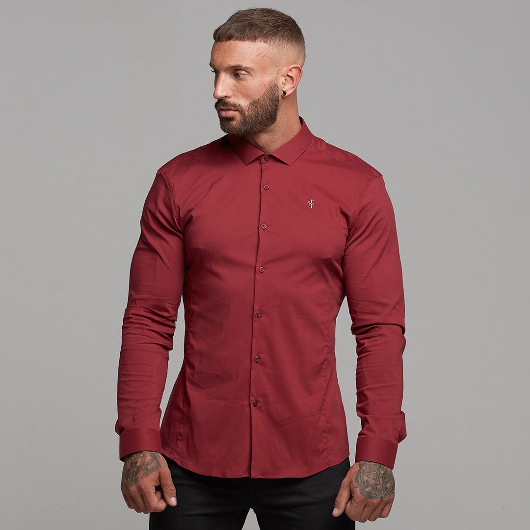Super Slim Stretch Classic Oxblood Panel Shirt (Grey embroidery) - FS318