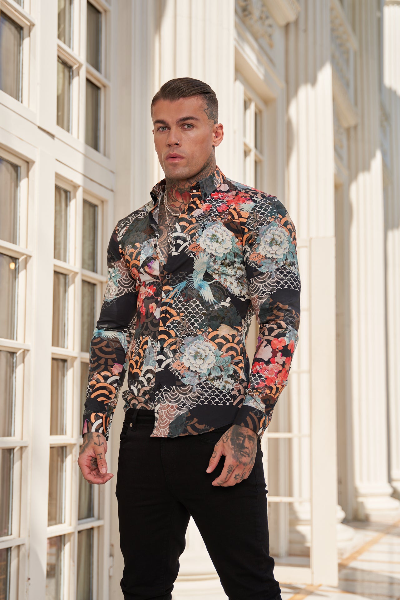 Super Slim Stretch Multi Oriental Print Long Sleeve with Button Down Collar - FS771