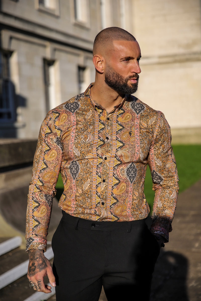 Father Sons Super Slim Stretch Tan Paisley Print Long Sleeve with Button Down Collar - FS892