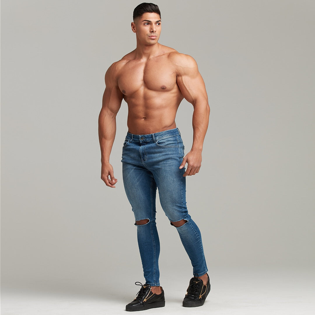 Slim Stretch Denim Blue Distressed Ripped Jeans - FSH403