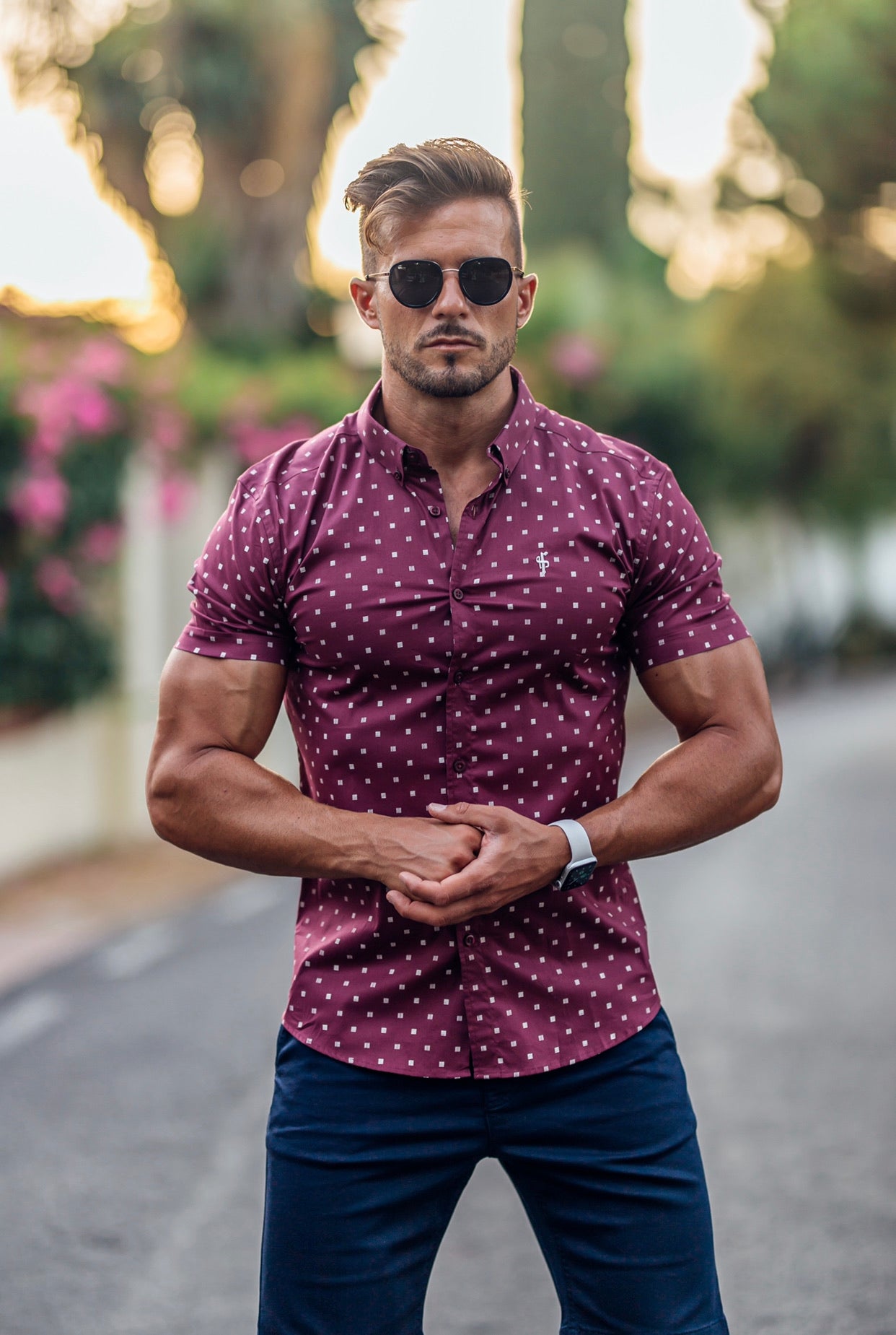 Super Slim Stretch Burgundy & White Broken Square Print Short Sleeve - FS689