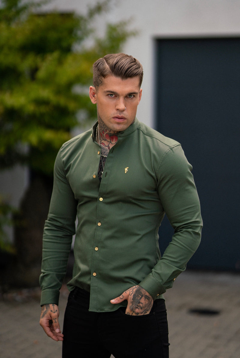 Father Sons Super Slim Stretch Khaki Denim Long Sleeve Grandad collar with Metal Buttons and Decal Emblem - FS715