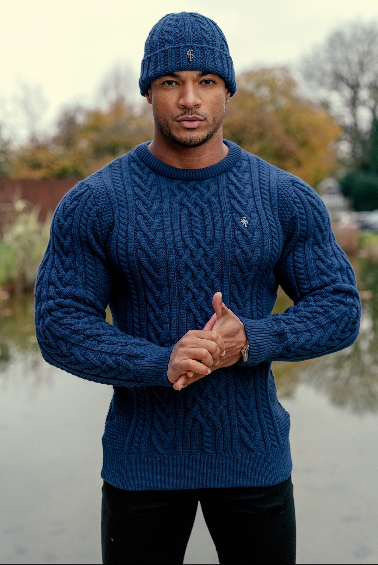 Father Sons Royal Blue Twisted Braid Weave Super Slim Sweater With Gunmetal Decal - FSJ042