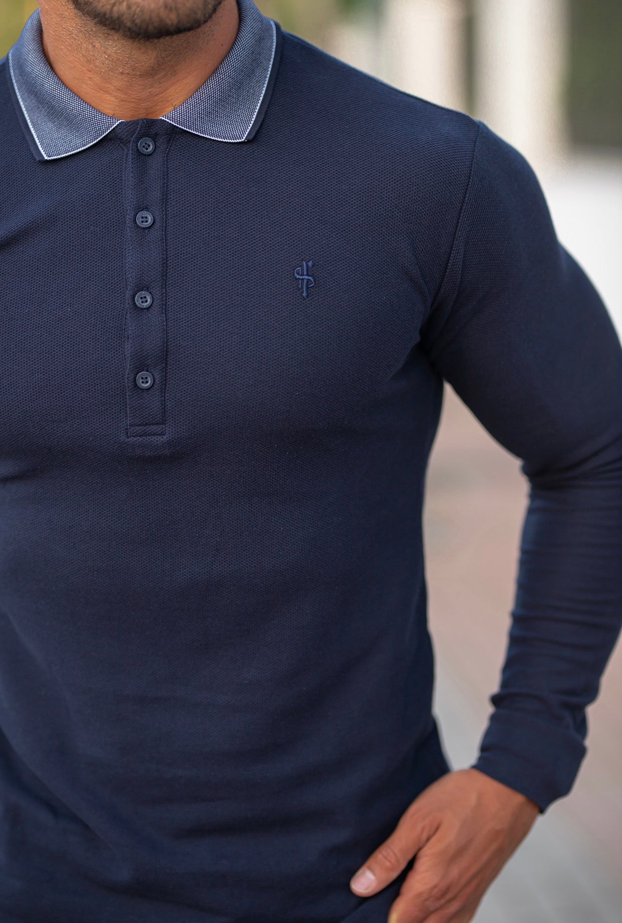 Classic Navy Honeycomb Textured Polo Shirt with Contrast Collar Long Sleeve  - FSH425
