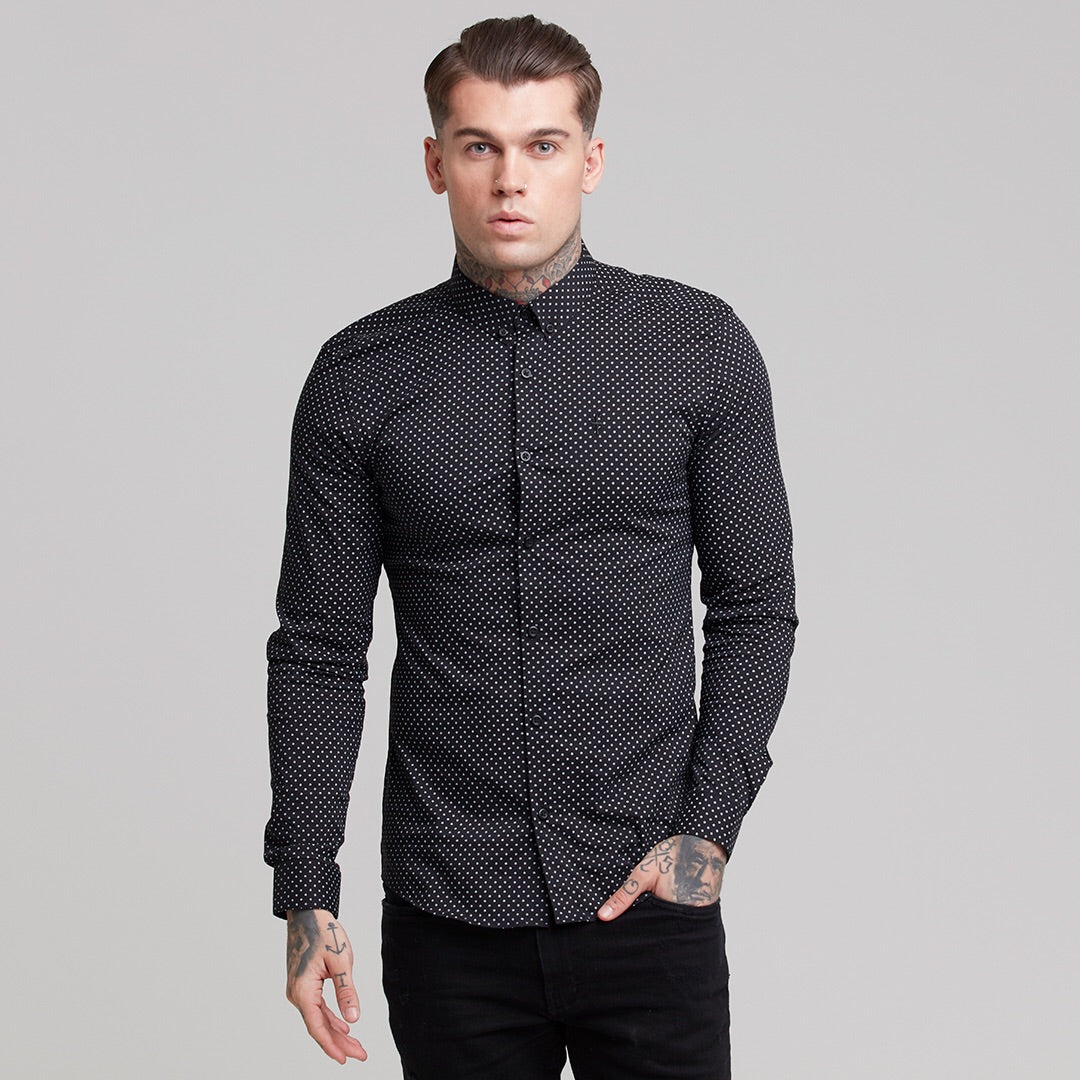 Super Slim Stretch Black & White Ditsy Print Long Sleeve FS414