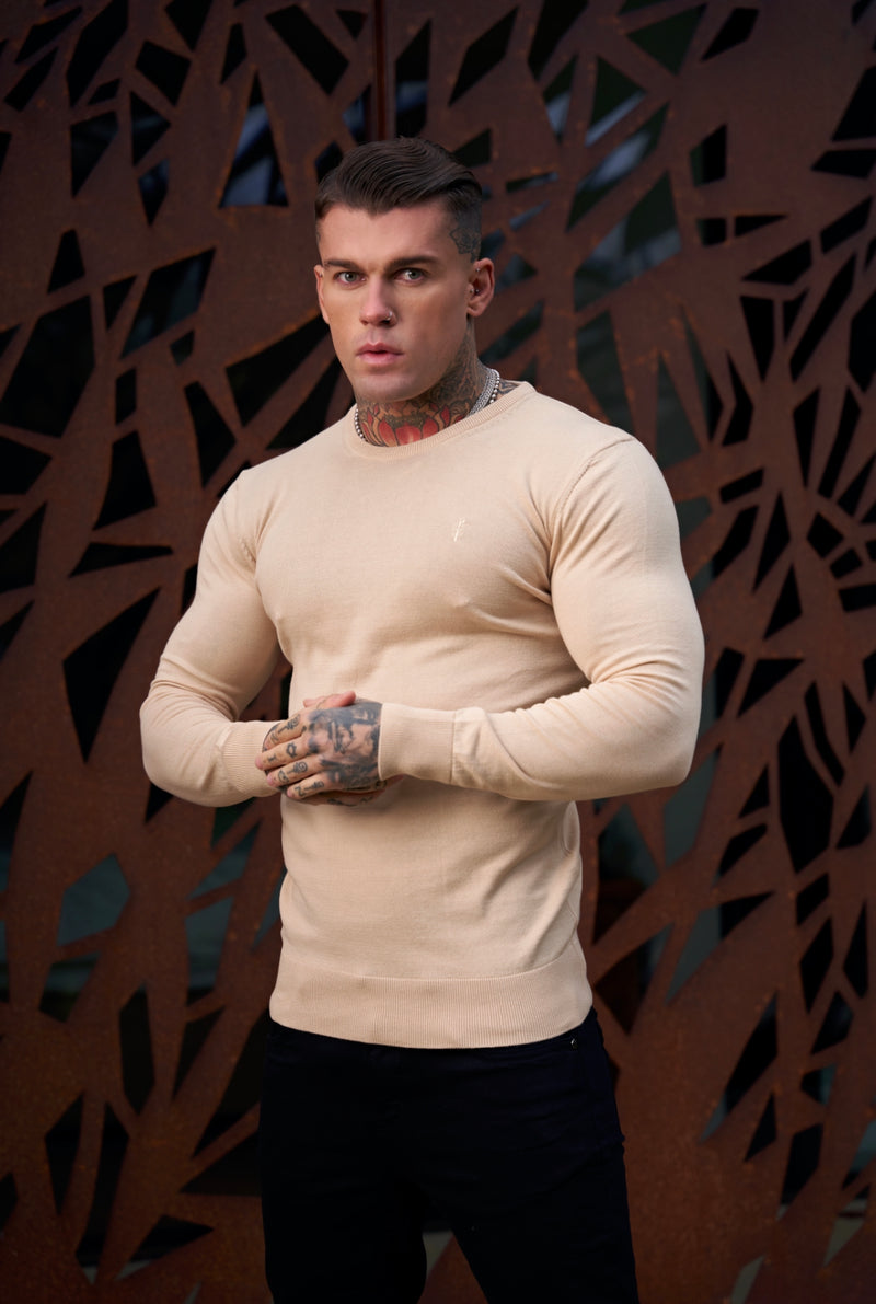 Father Sons Classic Beige Crew Neck Knitted Sweater with Tonal Emblem - FSH672
