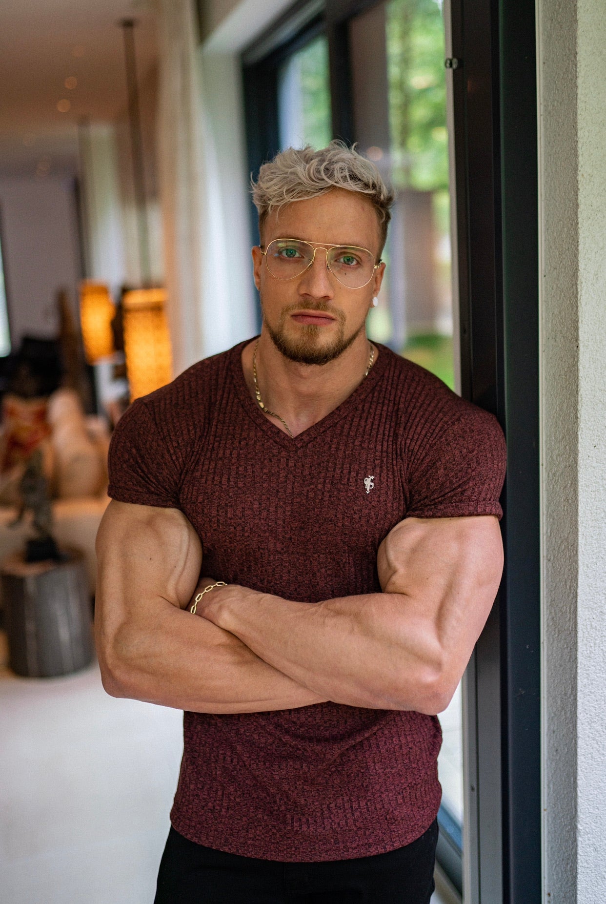 Classic Burgundy / Silver V Neck Ribbed Crew - FSH490