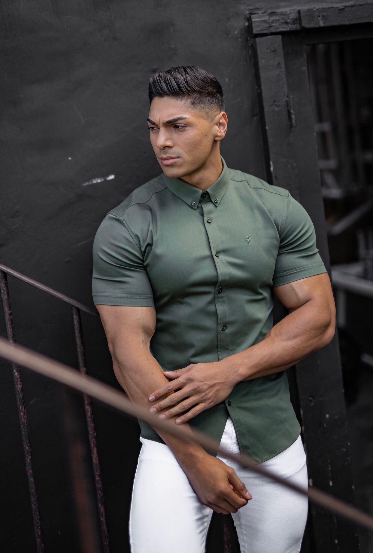 Super Slim Stretch Khaki Denim Short Sleeve - FS203