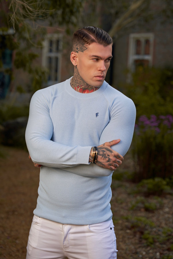 Father Sons Sky Blue Knitted Honeycomb Raglan Crew Super Slim Sweater With Metal Decal - FSN067