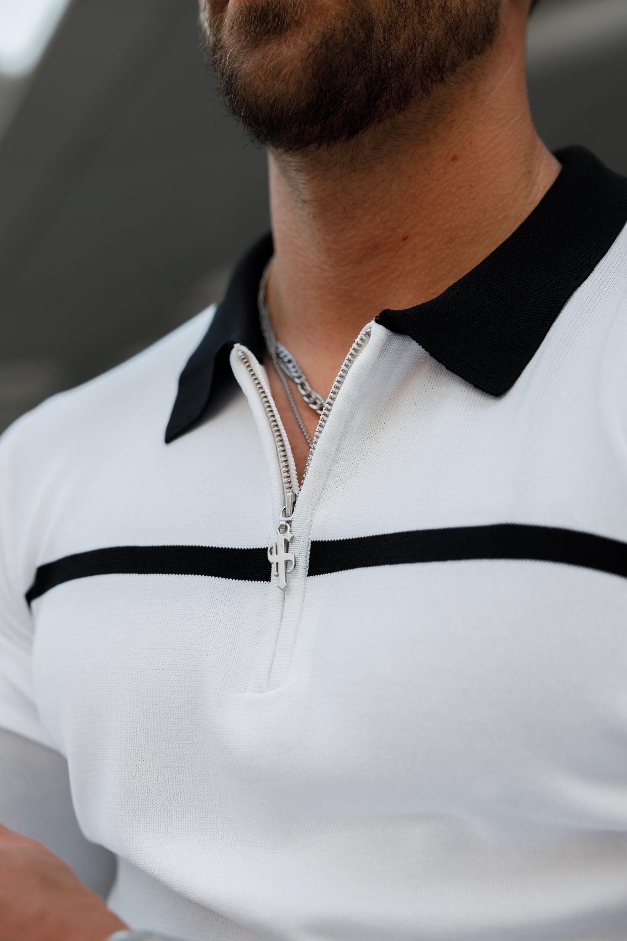 Classic White / Black Horizontal Stripe Zipped Polo Long Sleeve - FSN050