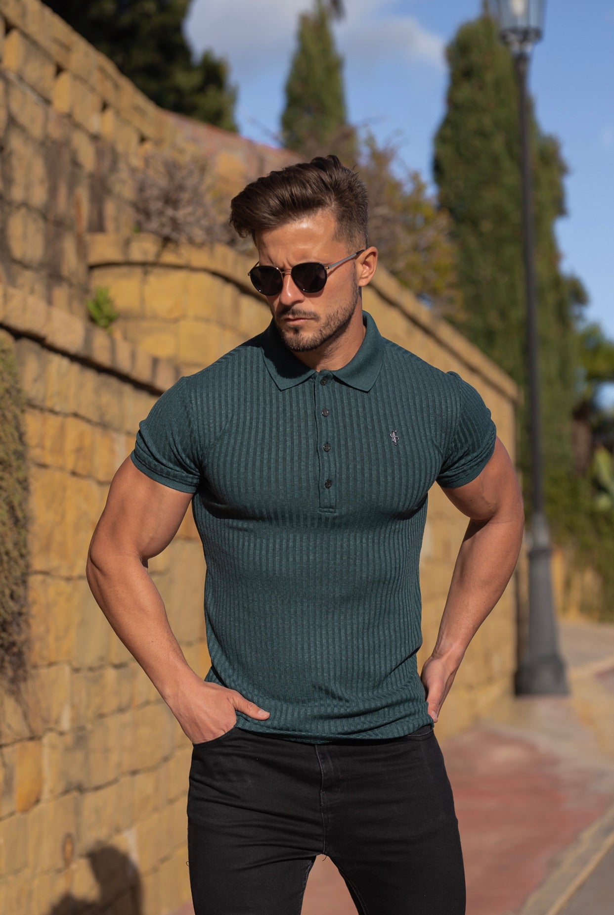 Classic Forest Green Ribbed Polo Shirt Short Sleeve with Black Metal Emblem Decal & Buttons- FSH584