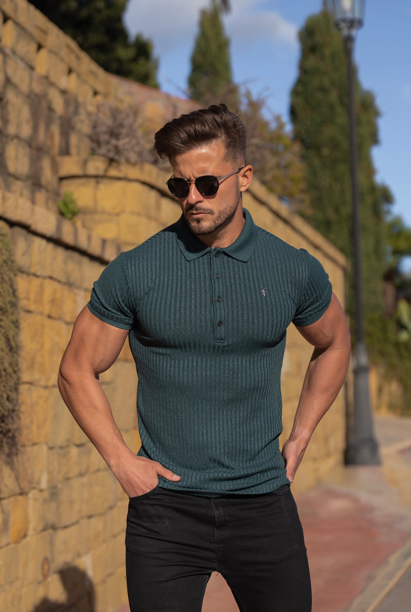 Father Sons Classic Forest Green Ribbed Polo Shirt Short Sleeve with Black Metal Emblem Decal & Buttons- FSH584