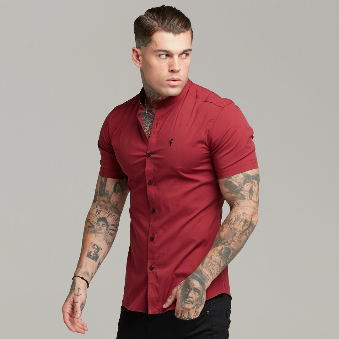 Super Slim Stretch Classic Oxblood Grandad Collar Short Sleeve - FS292