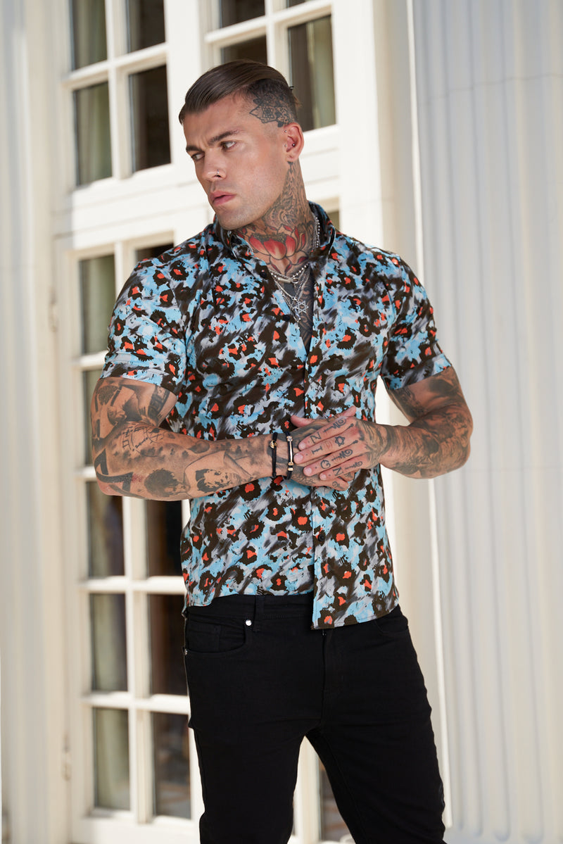 Father Sons Super Slim Stretch Multi Colour Abstract Leopard Print Short Sleeve with Button Down Collar - FS790