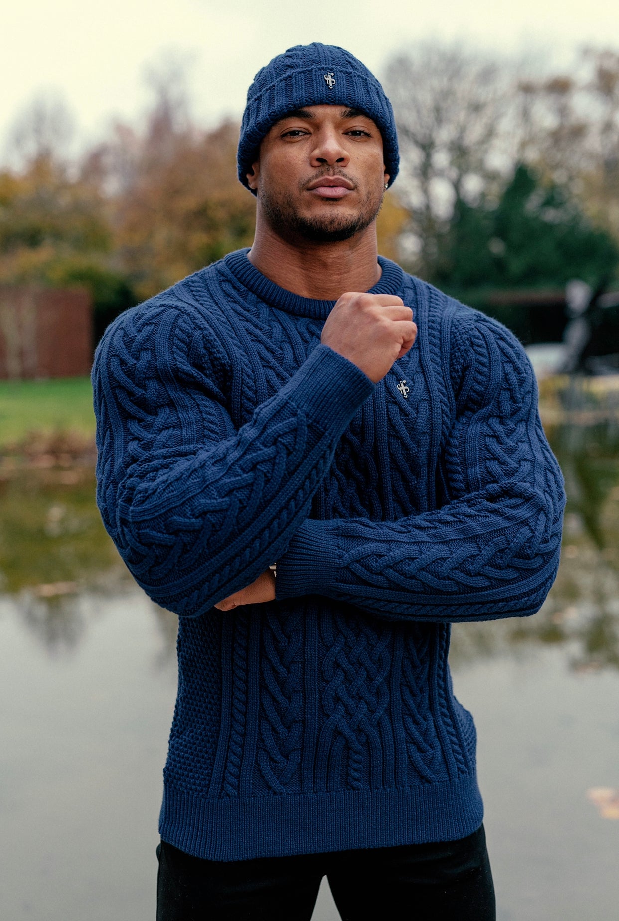 Father Sons Royal Blue Twisted Braid Weave Super Slim Sweater With Gunmetal Decal - FSJ042