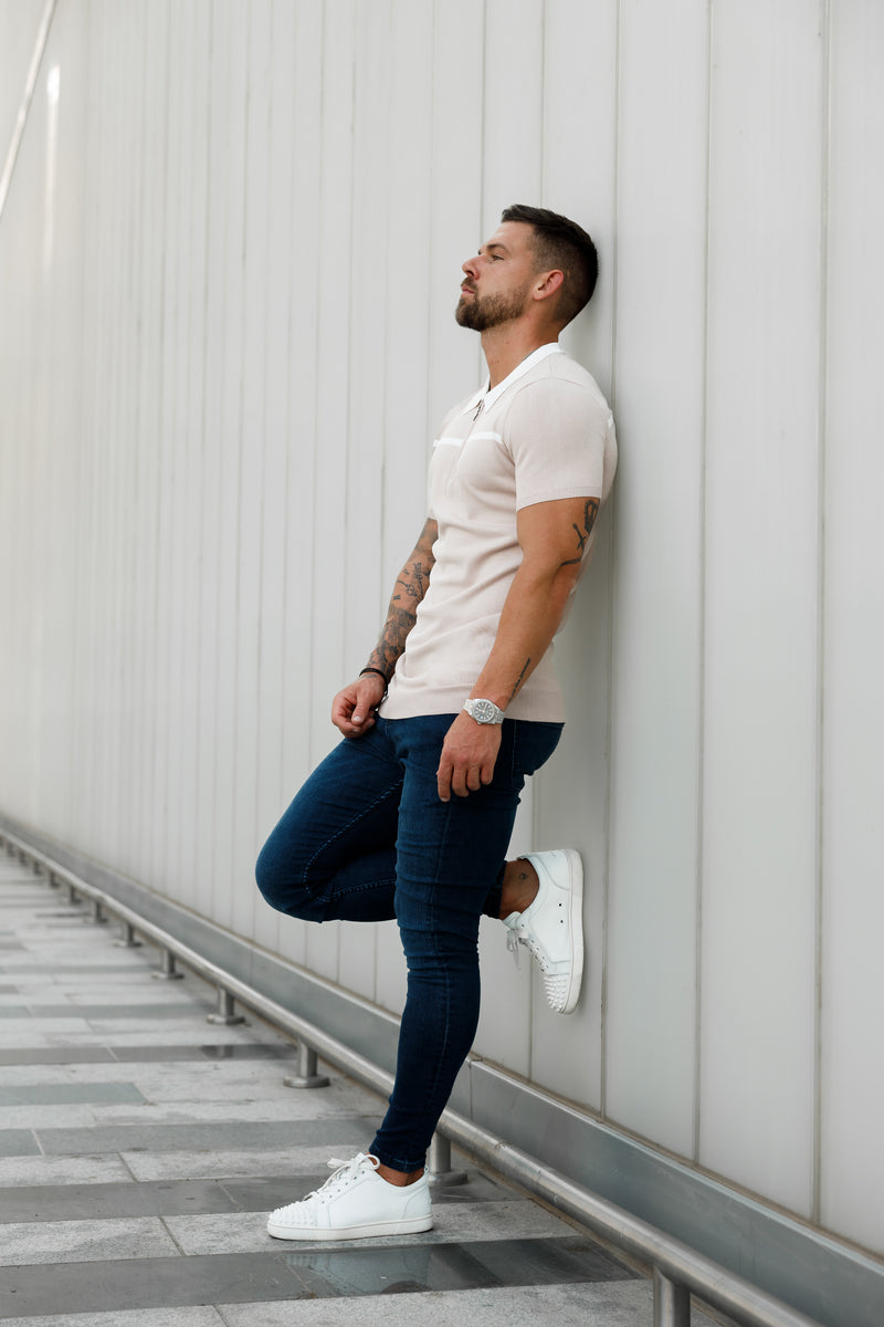 Father Sons Classic Beige / White Horizontal Stripe Zipped Polo Short Sleeve - FSN041