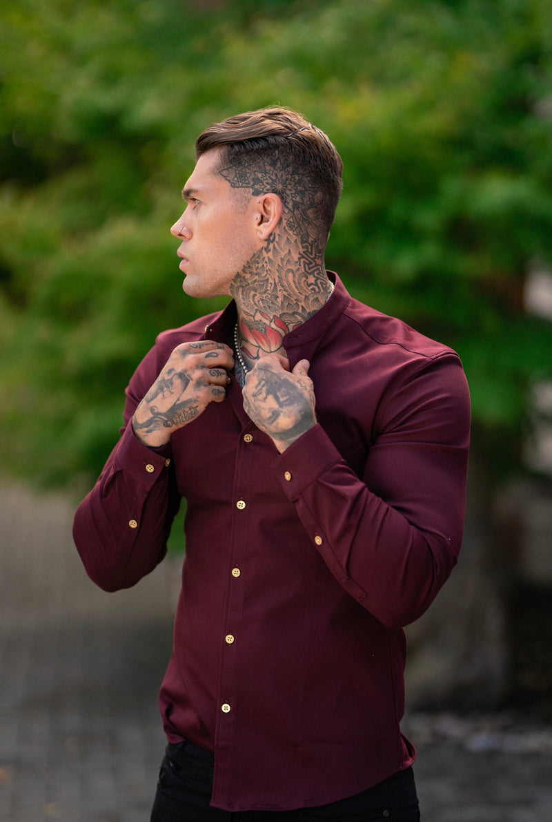 Father Sons Super Slim Stretch Burgundy Denim Long Sleeve Grandad collar with Metal Buttons and Decal Emblem - FS721