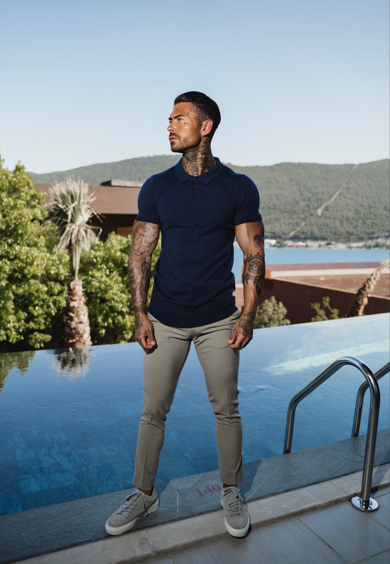Classic Navy Merino Wool Knitted Polo Jumper Short Sleeve With FS Embroidery- FSN026