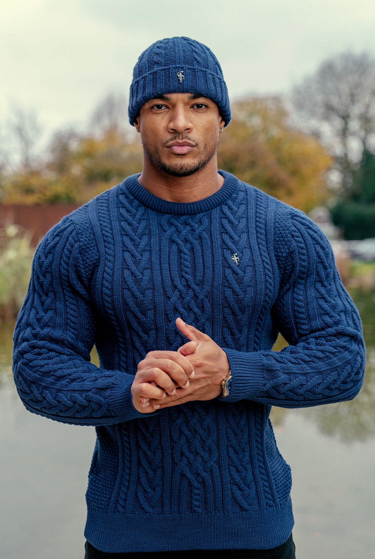 Father Sons Royal Blue Twisted Braid Weave Super Slim Sweater With Gunmetal Decal - FSJ042