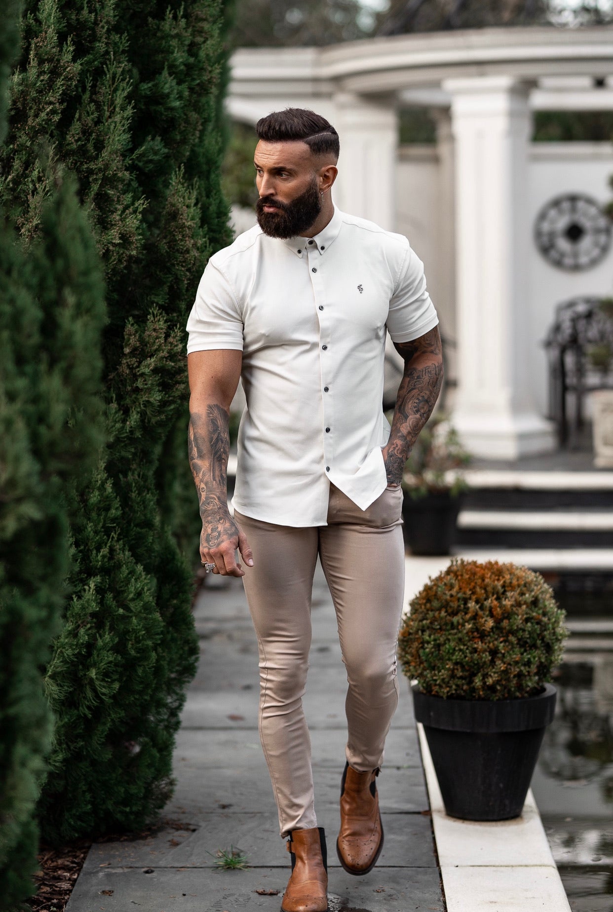 Super Slim Stretch Cream Denim Short Sleeve with Metal Decal Emblem - FS645