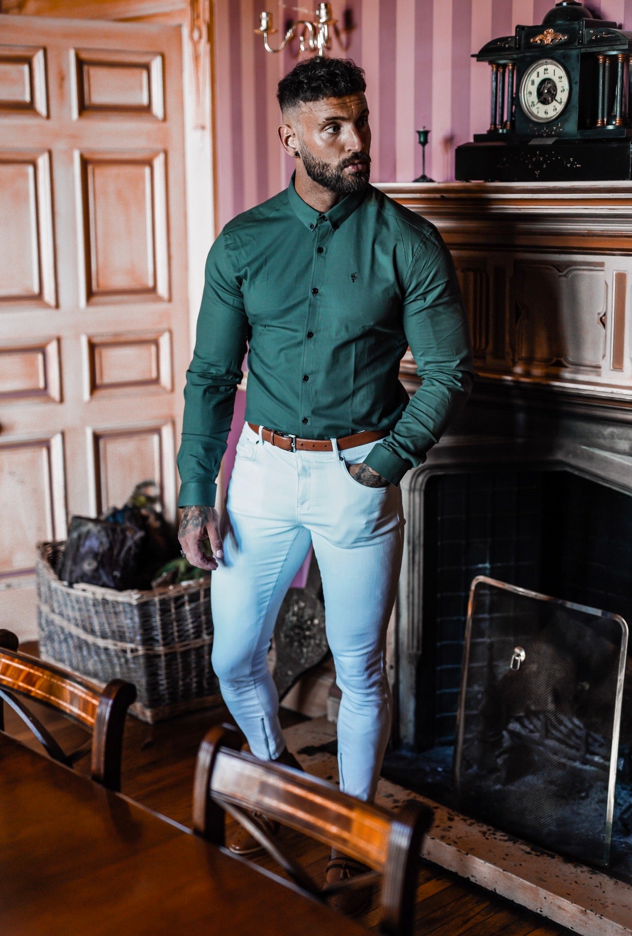 Super Slim Stretch Classic Khaki Oxford Shirt (Black embroidery) - FS553