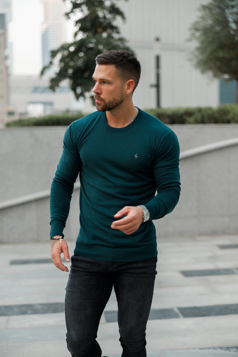 Father Sons Classic Forest Green Light Weight Knitted Crew Neck Sweater with Metal Decal - FSN095