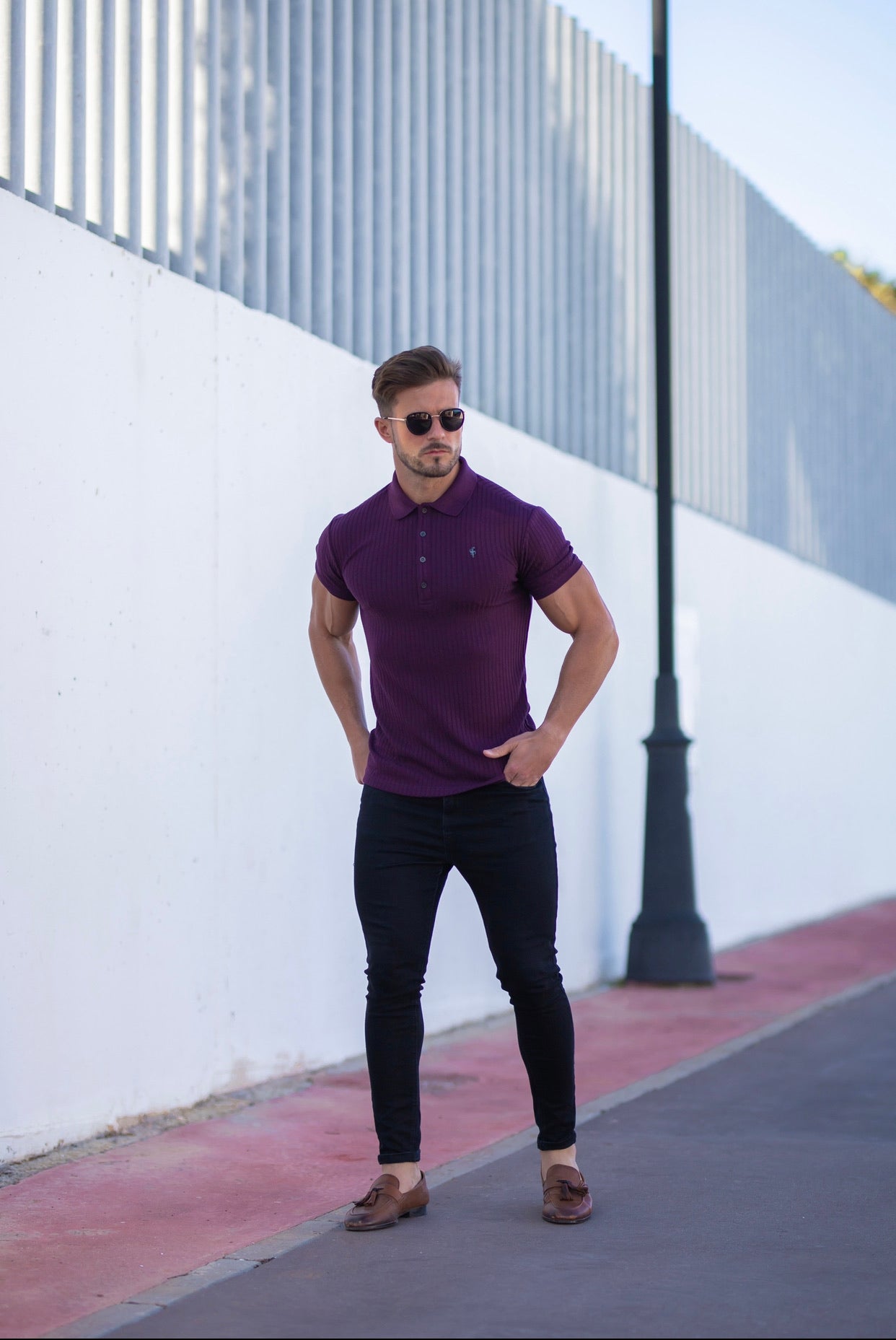 Classic Plum Ribbed Polo Shirt Short Sleeve with Black Metal Emblem Decal & Buttons- FSH585