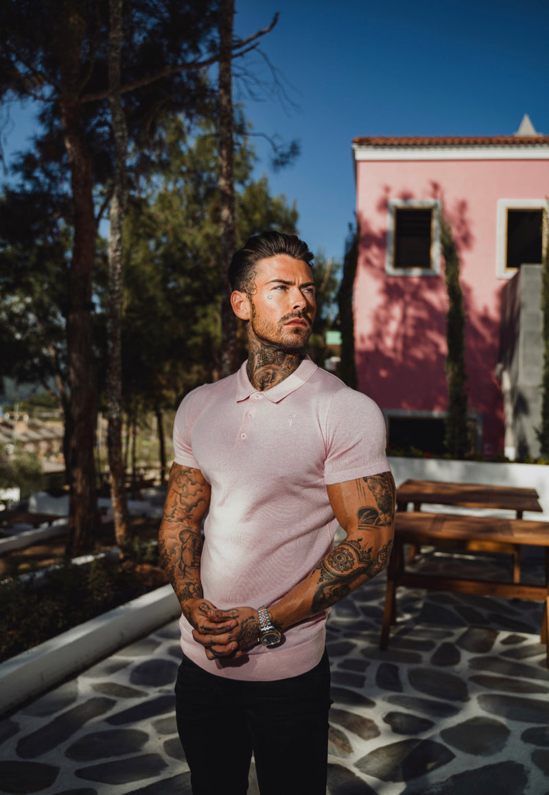 Father Sons Classic Pale Pink Merino Wool Knitted Polo Sweater Short Sleeve With FS Embroidery- FSN028