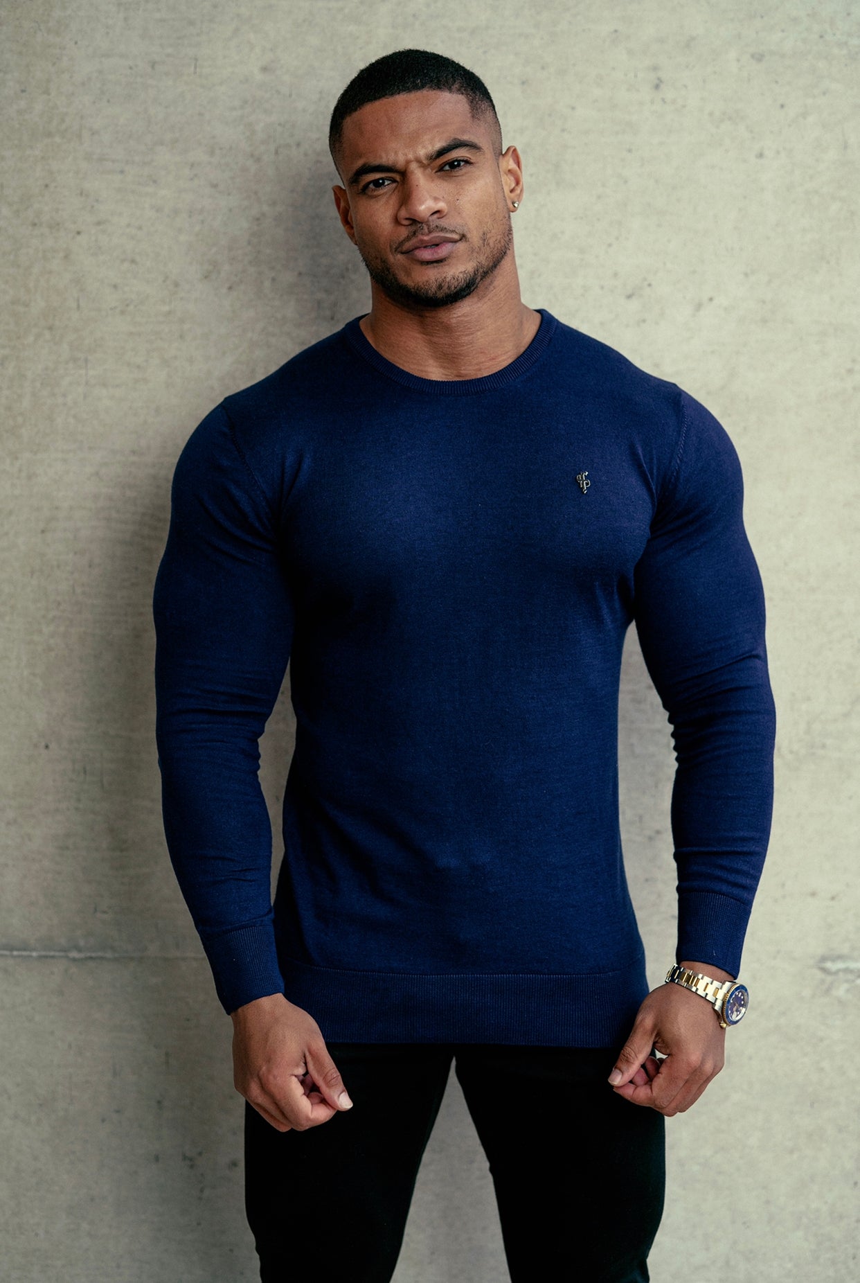 Classic Navy Crew Neck Knitted Jumper with Gunmetal Emblem - FSH669
